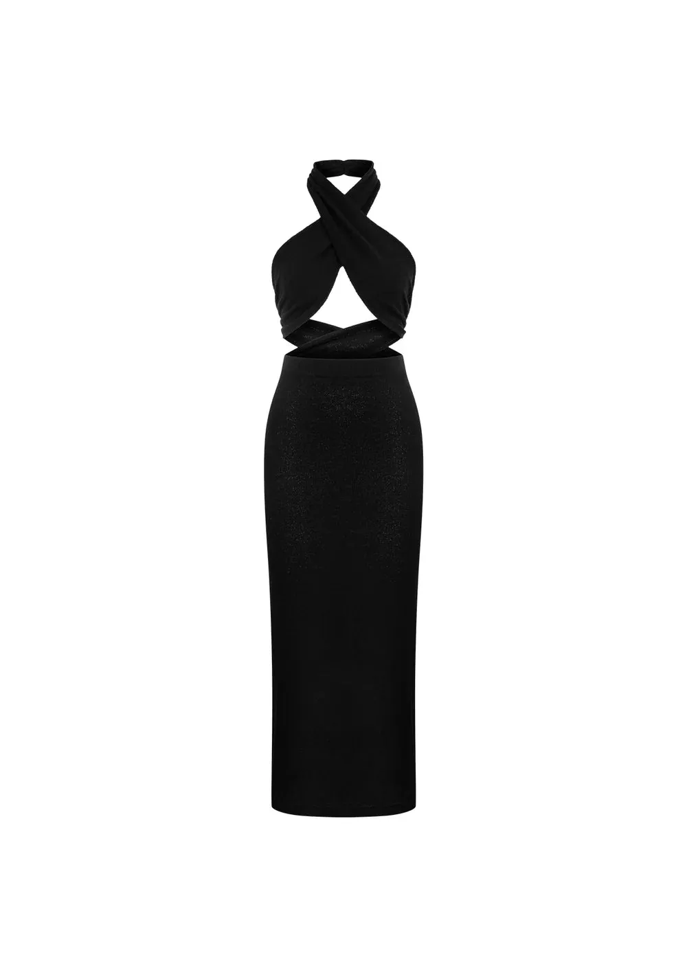 0 Cotton Si Front Cross High Neck Tie Black Knit Dress