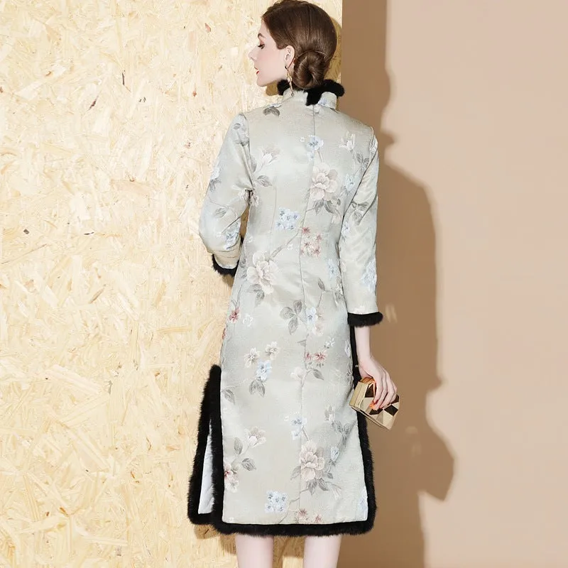 3/4 Sleeve Floral Brocade Fur Edge Knee Length Cheongsam Wadded Chinese Dress