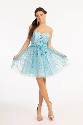 3D Floral Applique Embellished Glitter Mesh Sweetheart Short Dress GLGS1995