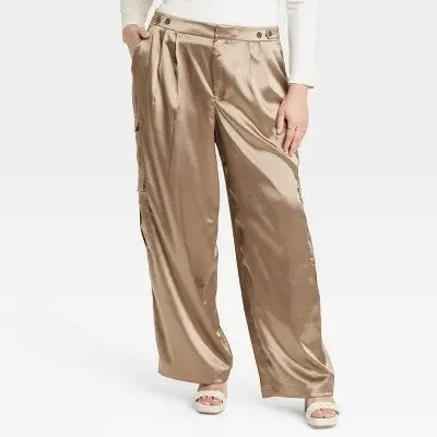 A New Day Women's Straight Relaxed High Rise Satin Cargo Pants Glossy