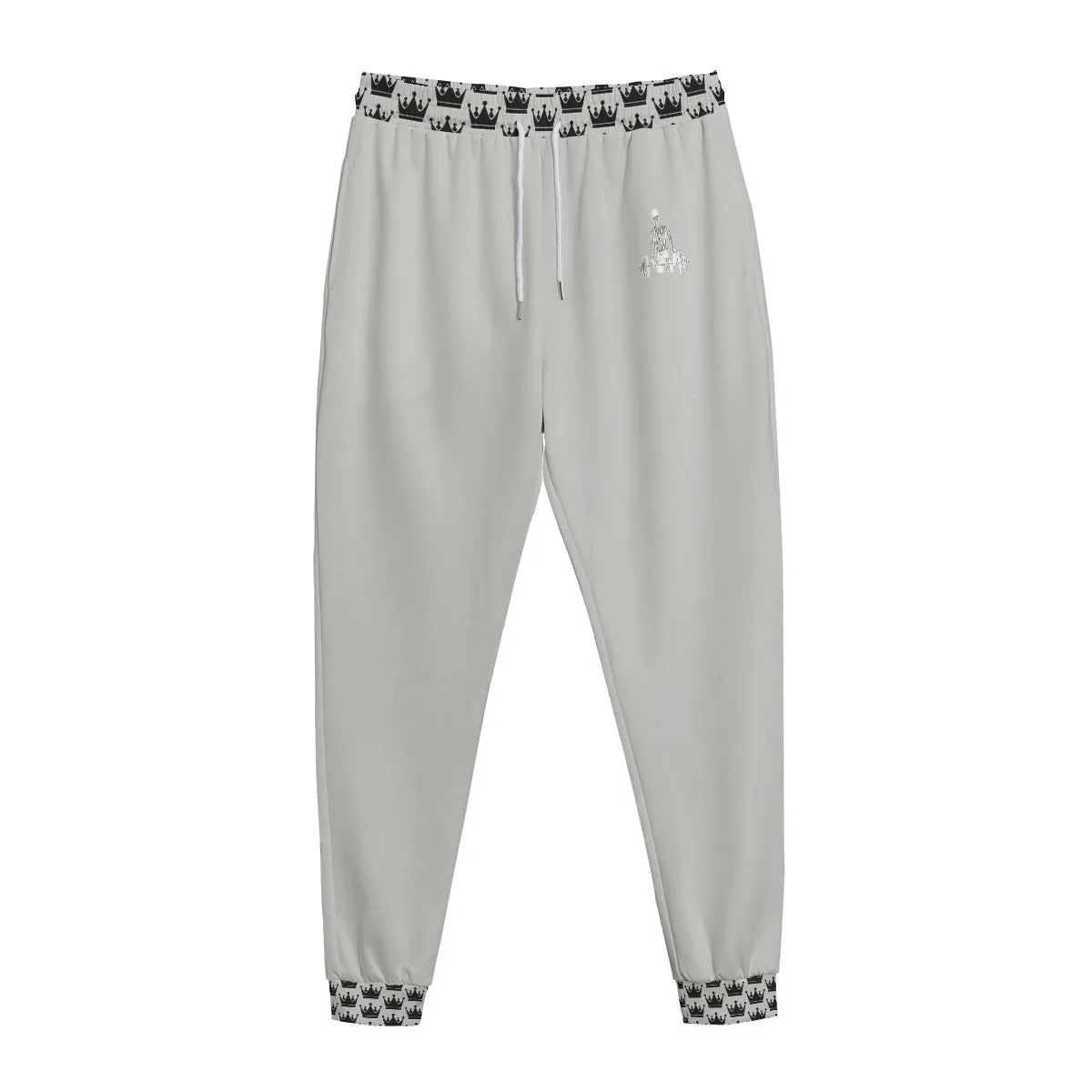 All-Over Print Men's Sweatpants | Interlock white with crown, weightlifting theme