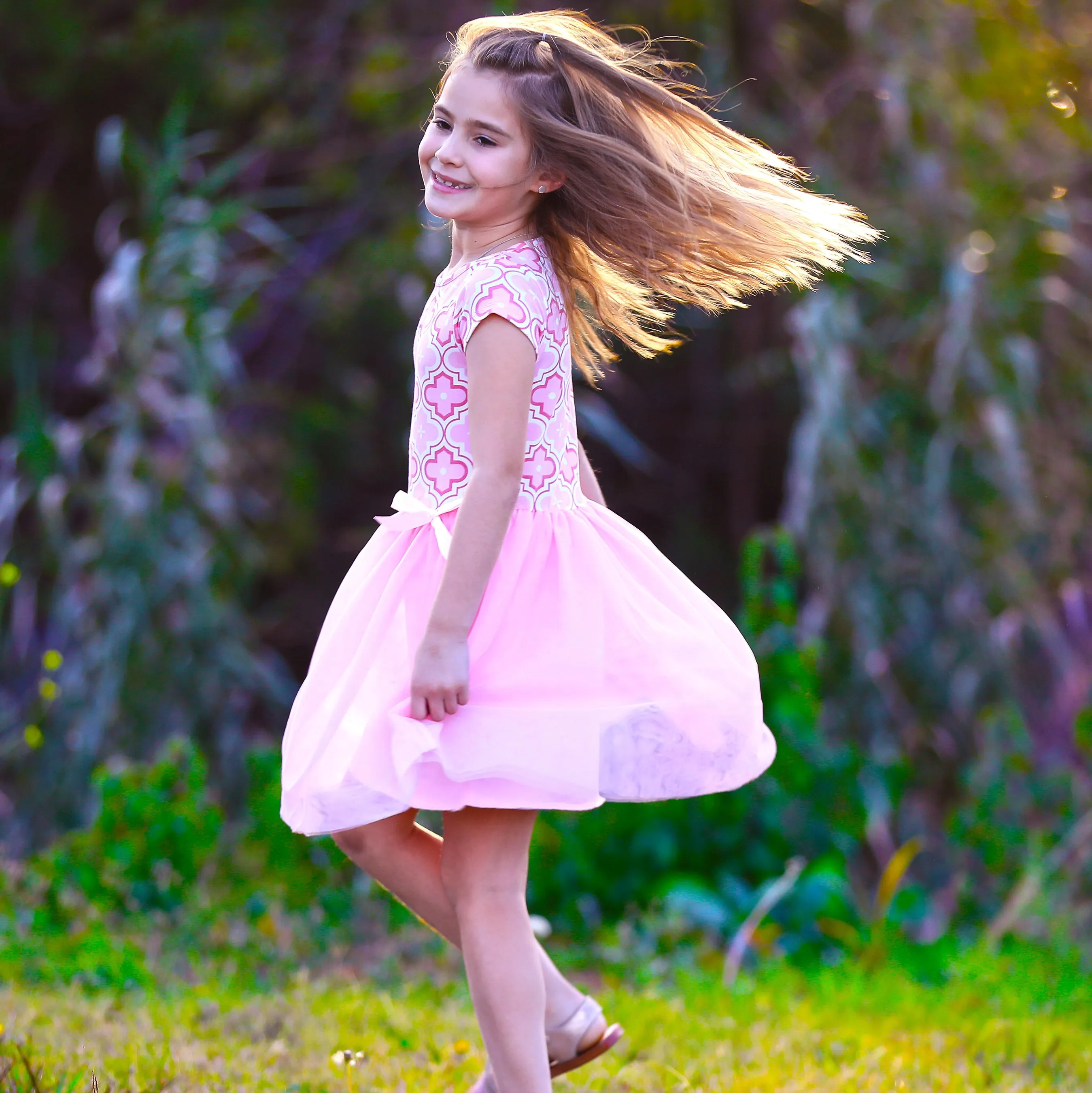 Annloren Girls Dress Pink Tulle & Pink Arabesque Easter Party Dress