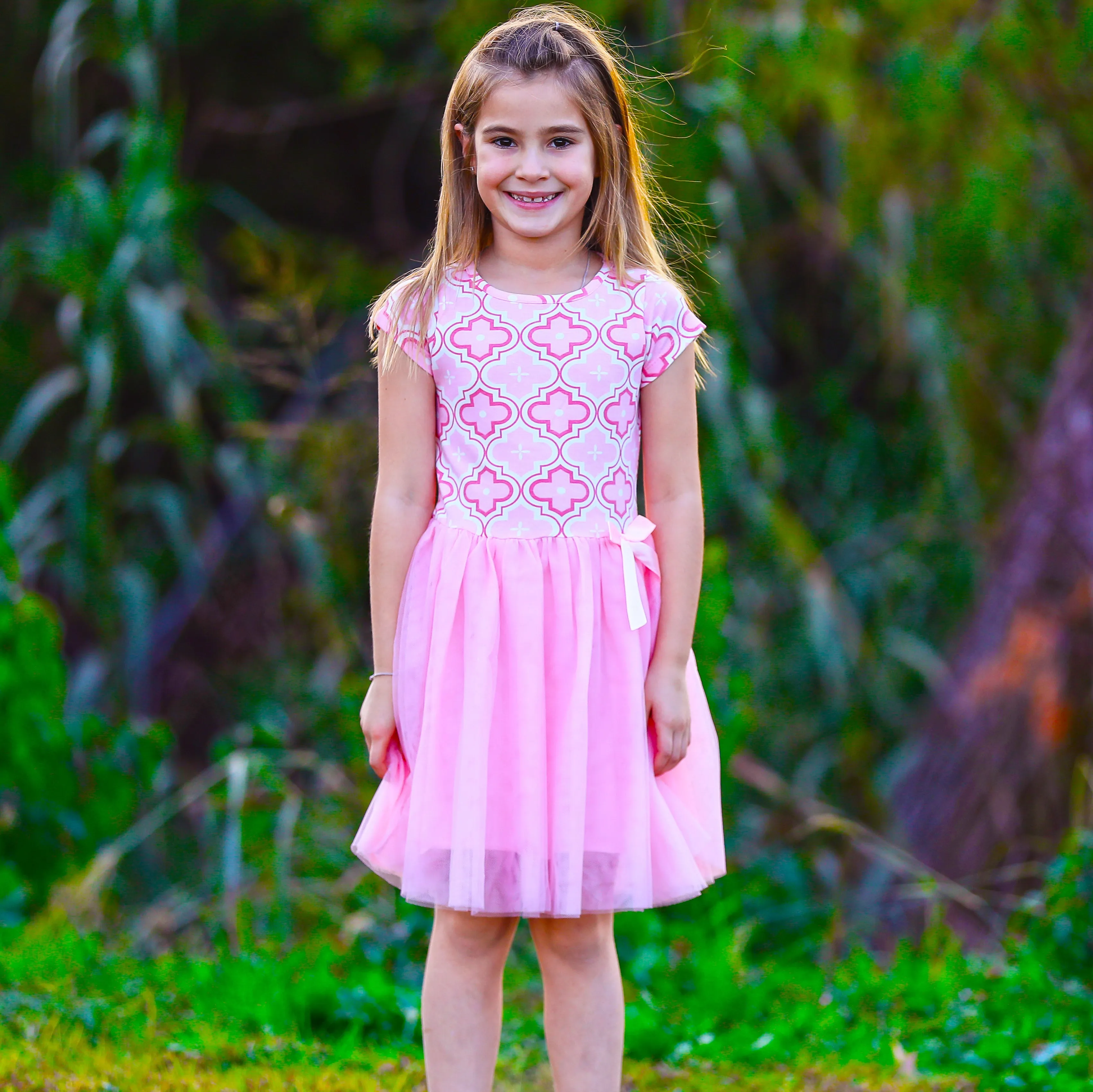 Annloren Girls Dress Pink Tulle & Pink Arabesque Easter Party Dress