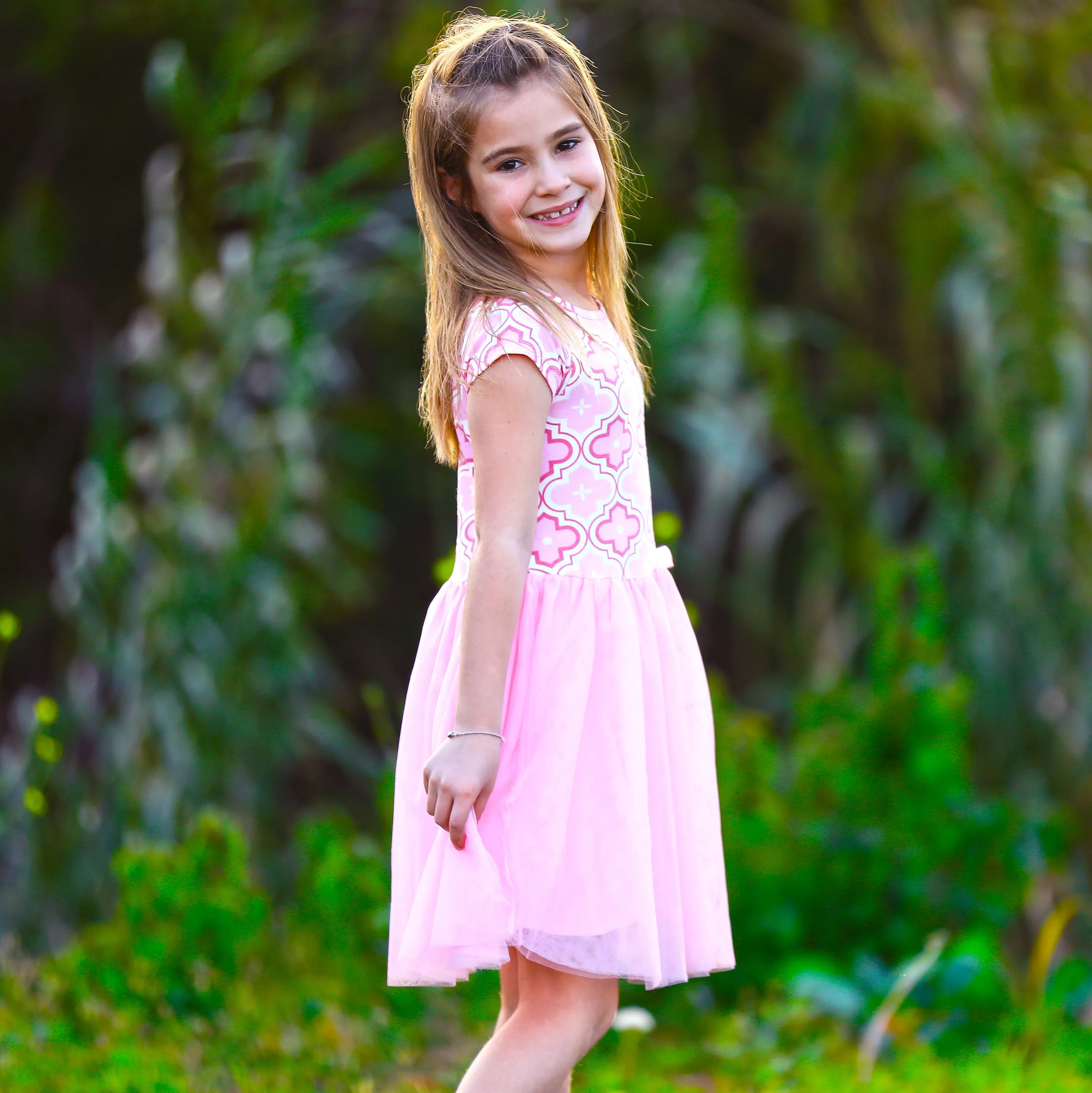 Annloren Girls Dress Pink Tulle & Pink Arabesque Easter Party Dress