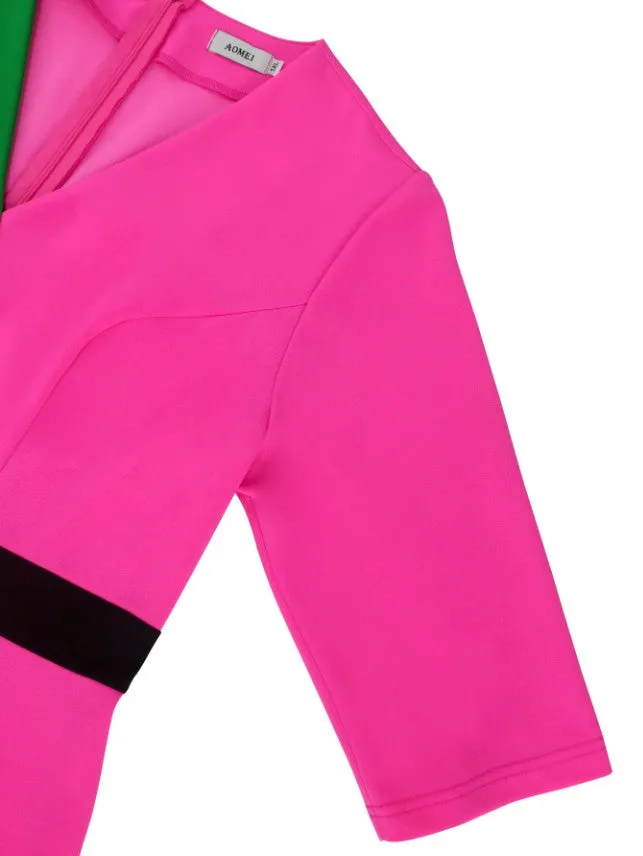 AOMEIDRESS V Neck Three Quarter Sleeves Color Block Bodycon Dress