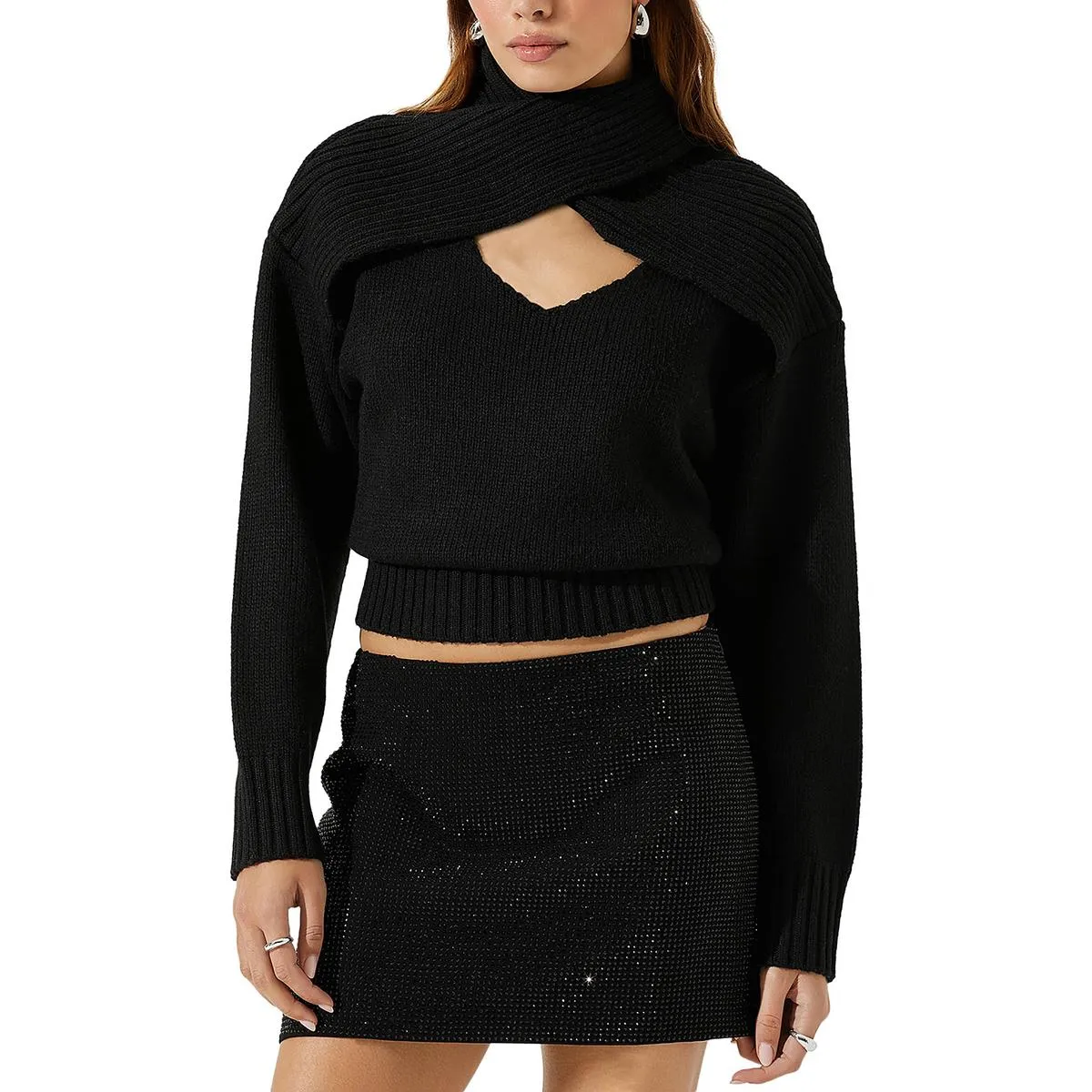 ASTR the Label Womens Pearson Cut-Out Ribbed Crop Sweater