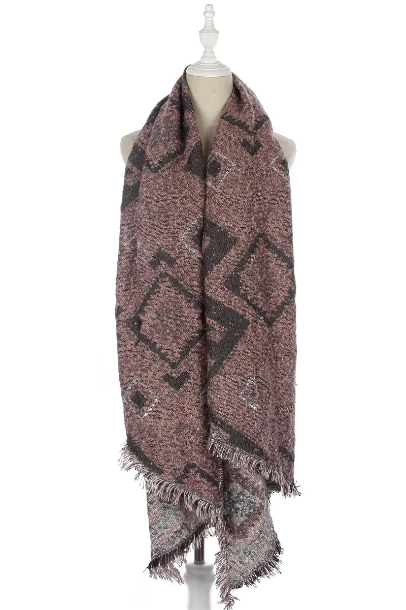 Aztec & Diamond Print Frayed Wrap