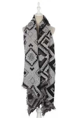 Aztec & Diamond Print Frayed Wrap