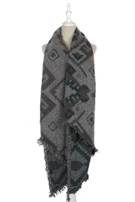 Aztec & Diamond Print Frayed Wrap
