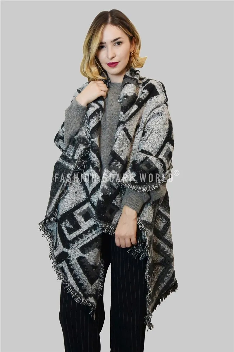 Aztec & Diamond Print Frayed Wrap