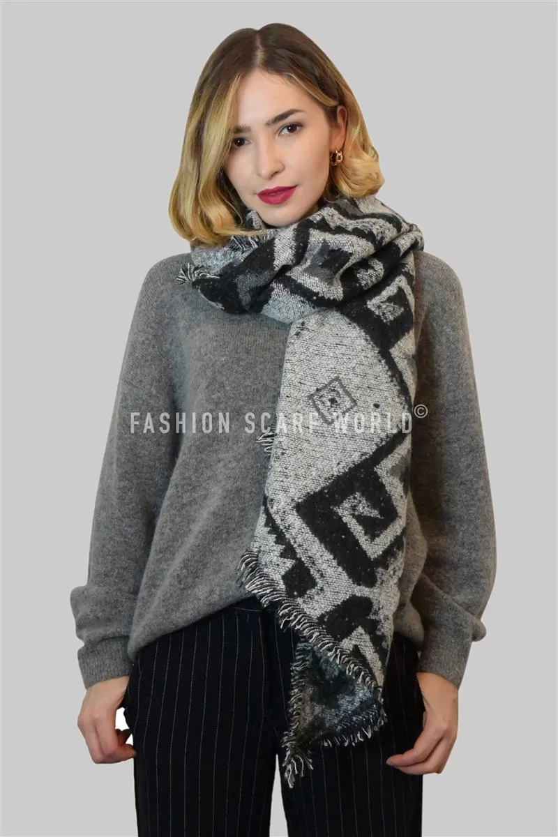 Aztec & Diamond Print Frayed Wrap