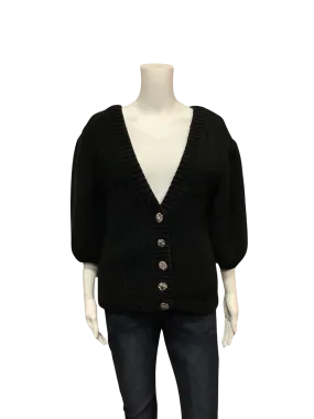 BA&SH Women's Cardigan Black Puff Sleeve Jeweled Snap Button Size: S