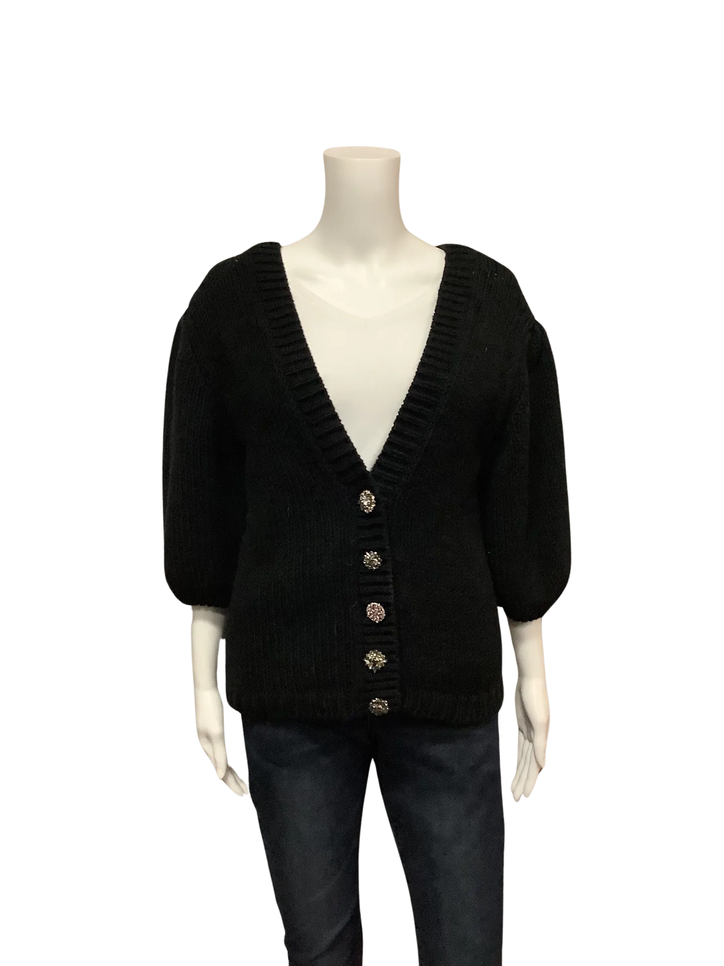 BA&SH Women's Cardigan Black Puff Sleeve Jeweled Snap Button Size: S
