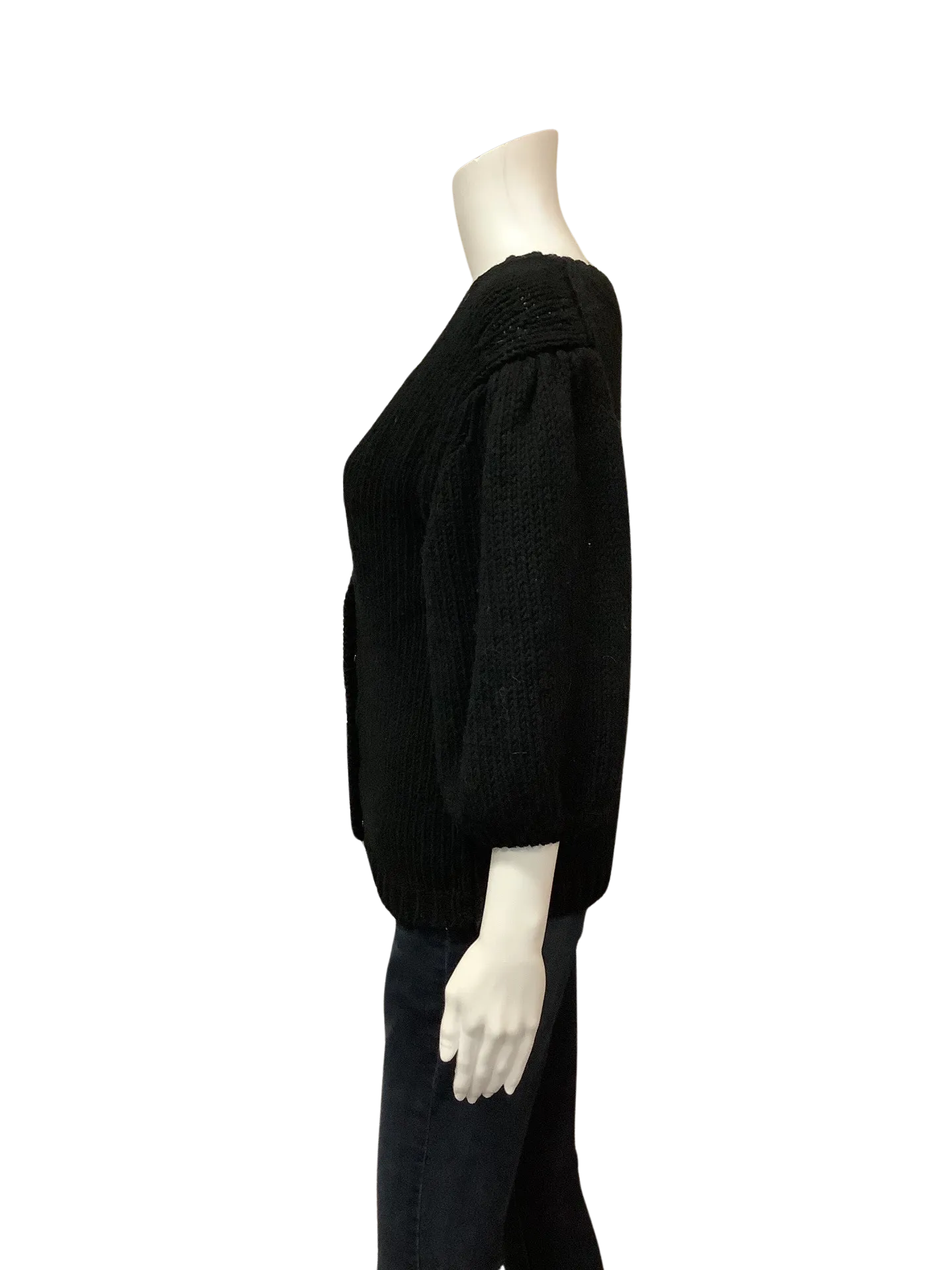 BA&SH Women's Cardigan Black Puff Sleeve Jeweled Snap Button Size: S
