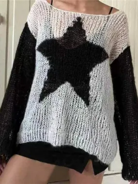 Back To School Sonicelife Contrast Color Star Baggy Smock Sweater