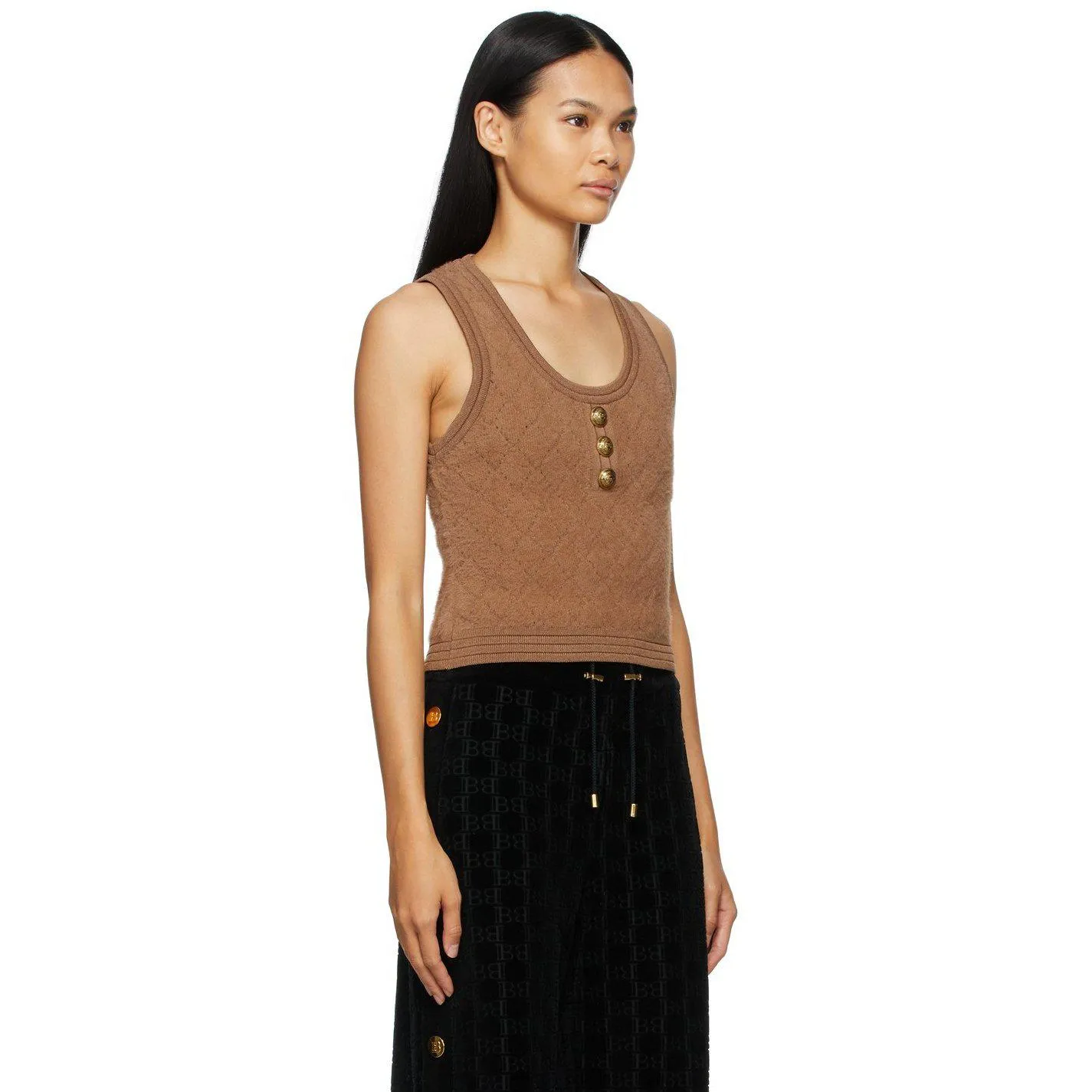 Balmain Tan Knit Fluffy Diamond Top