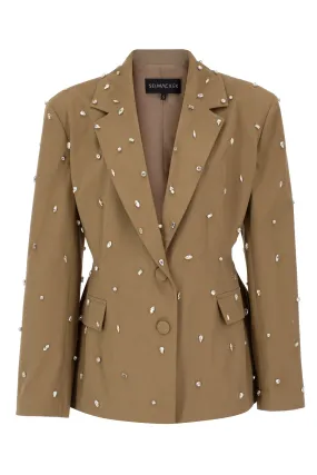 BEIGE SWAROVSKI DETAILED CANVAS BLAZER JACKET