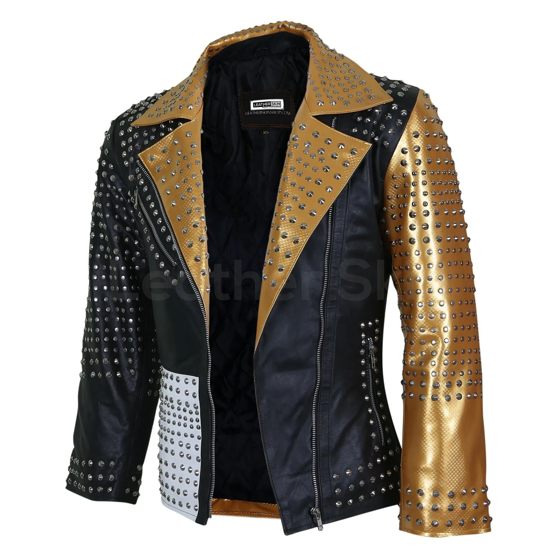Black and Gold Leather Jacket with Cone Spikes