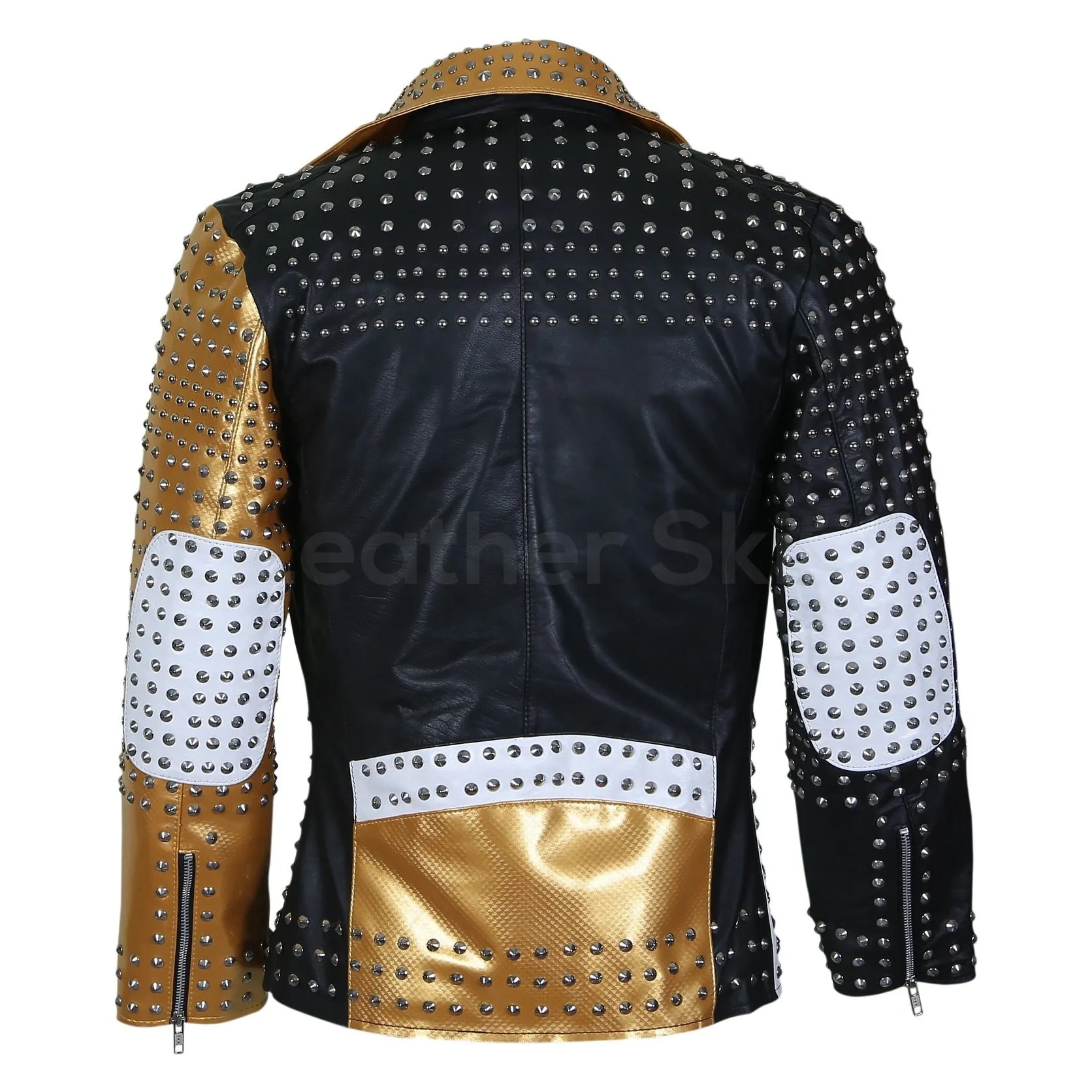 Black and Gold Leather Jacket with Cone Spikes