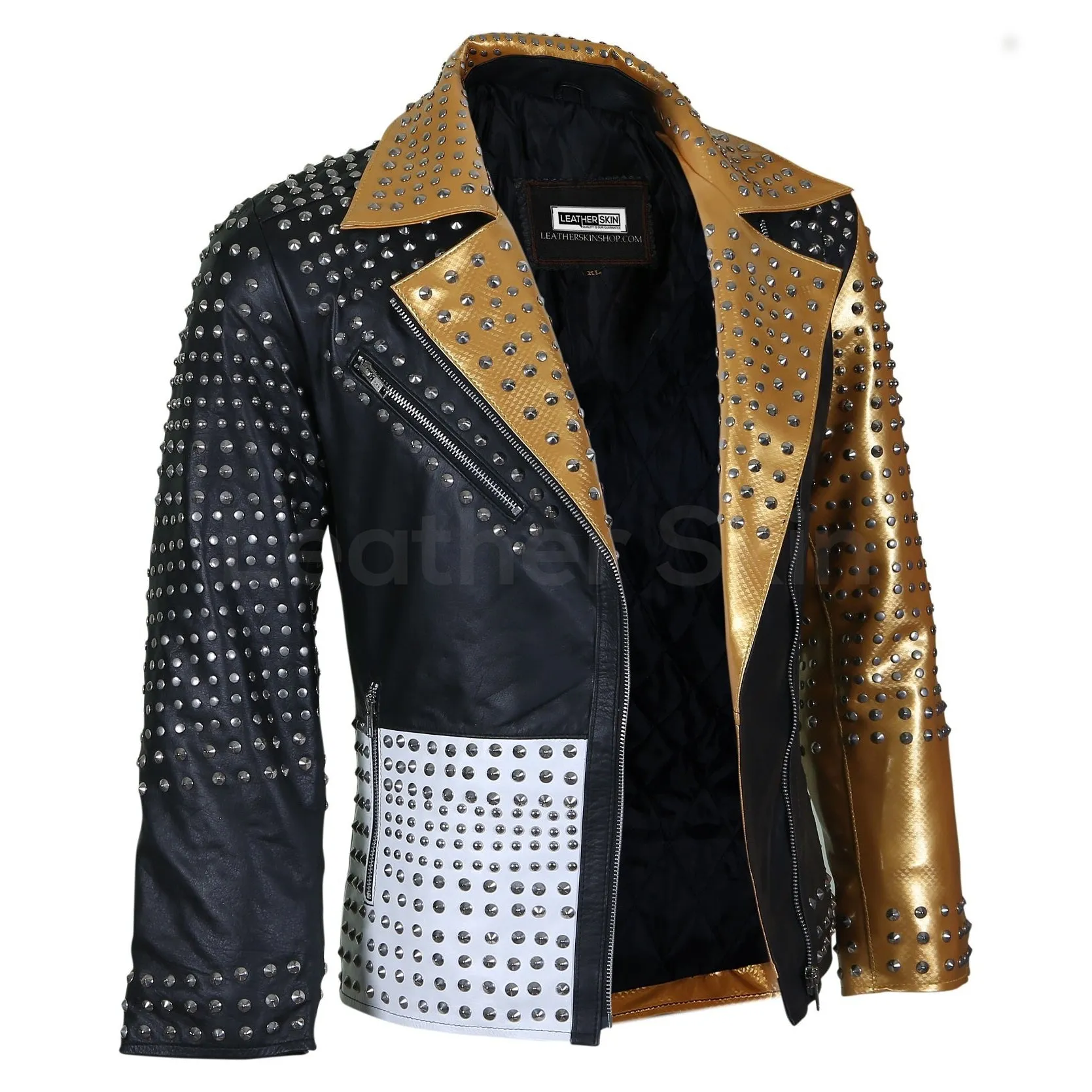 Black and Gold Leather Jacket with Cone Spikes