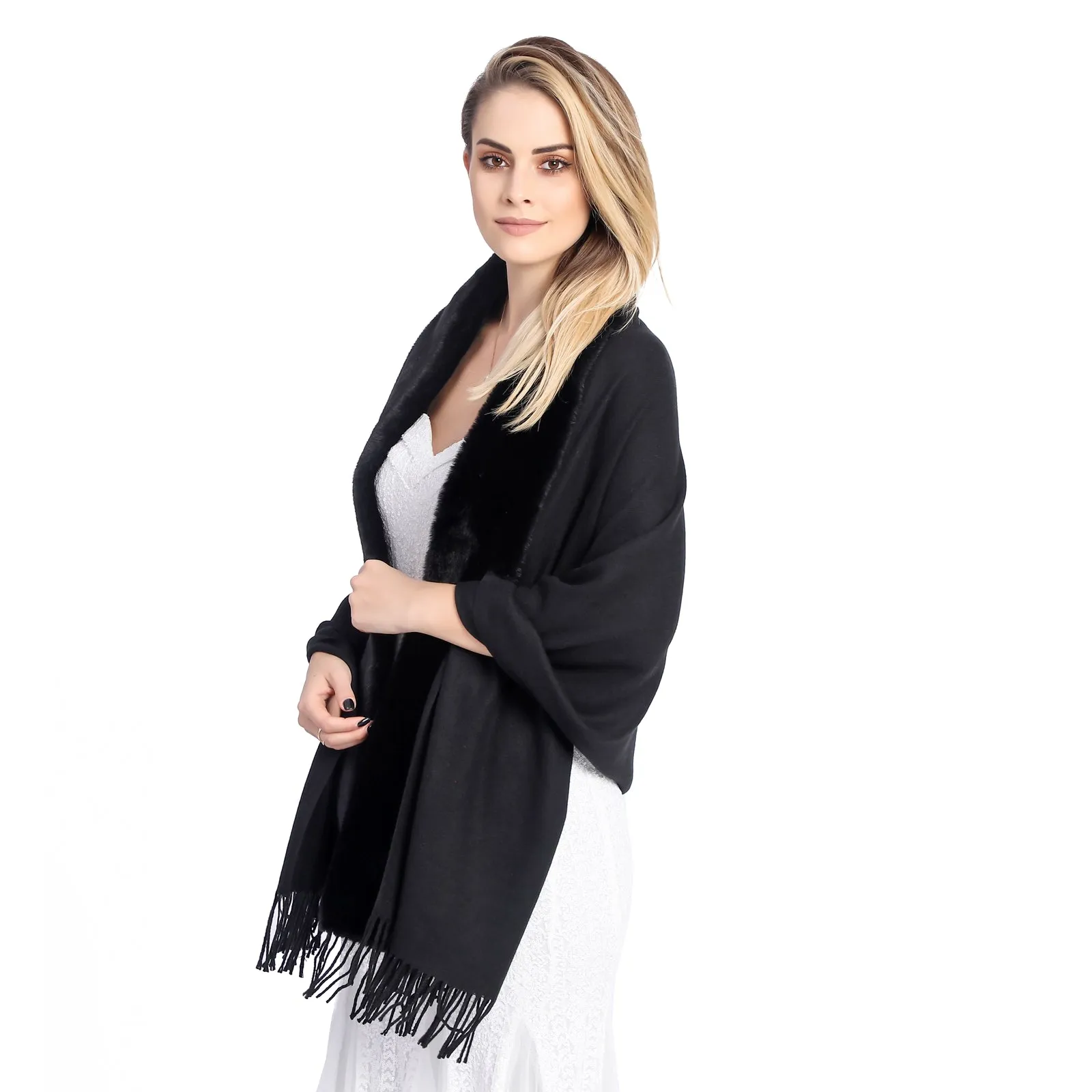Black Faux Fur Trim Shawl