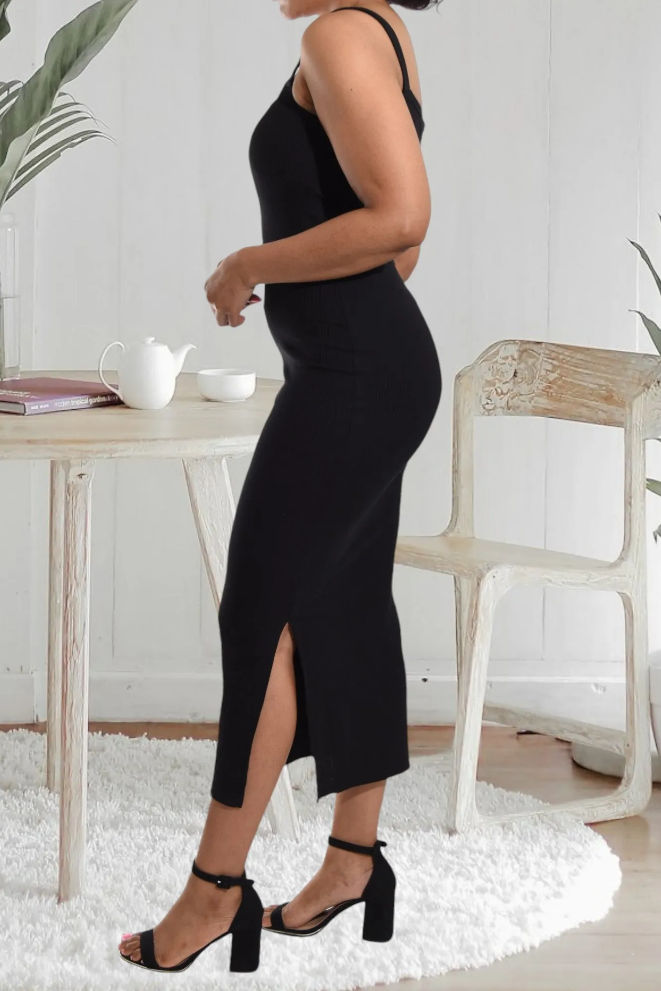 Black Rib Bodycon Slit Dress