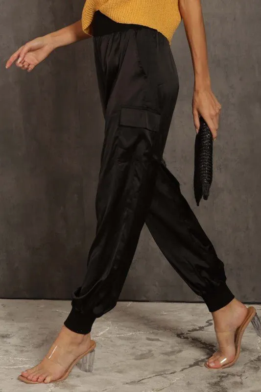 Black Satin Cargo Pants