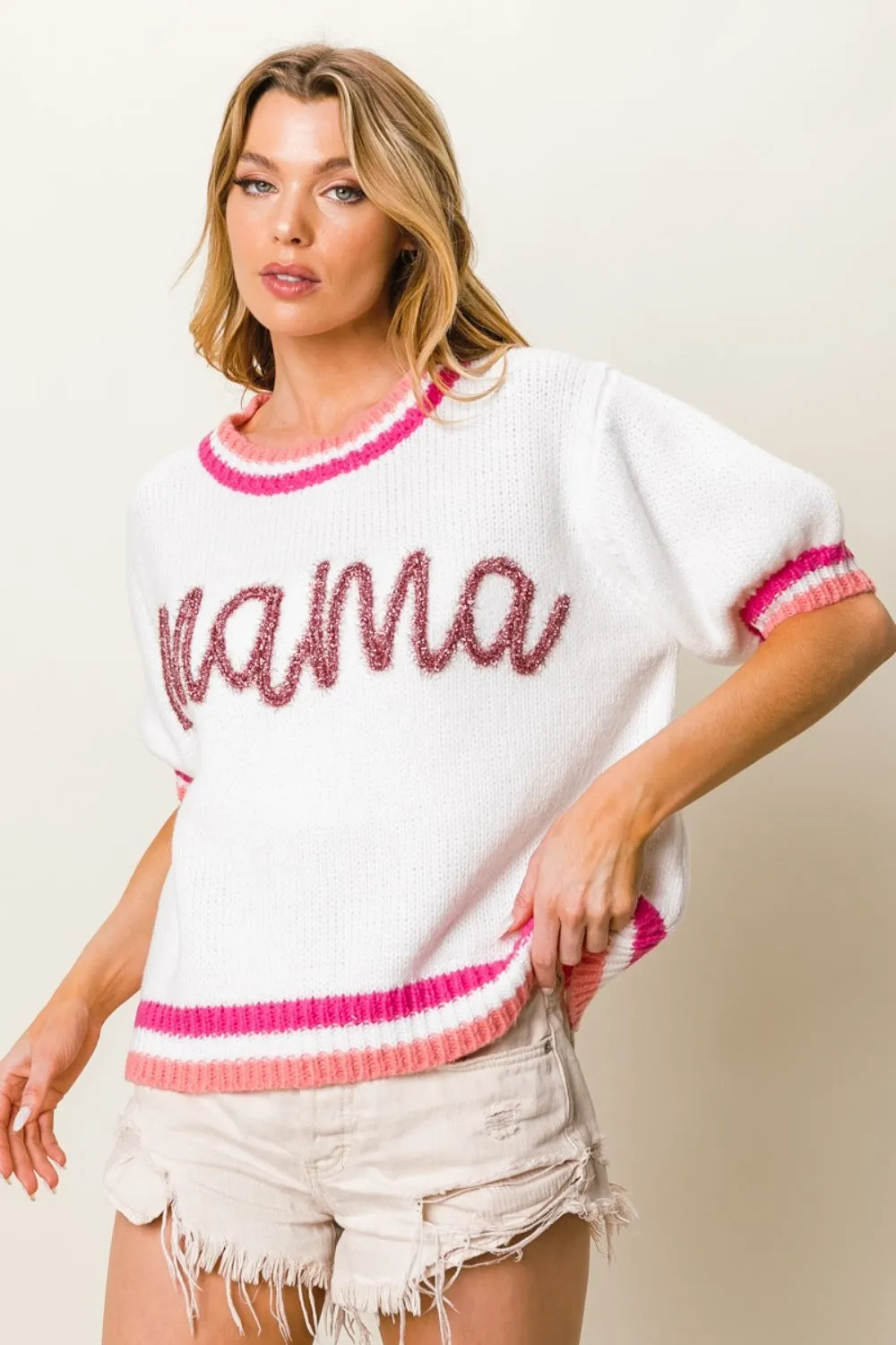 Blue Zone Planet |  BiBi MAMA Contrast Trim Short Sleeve Sweater