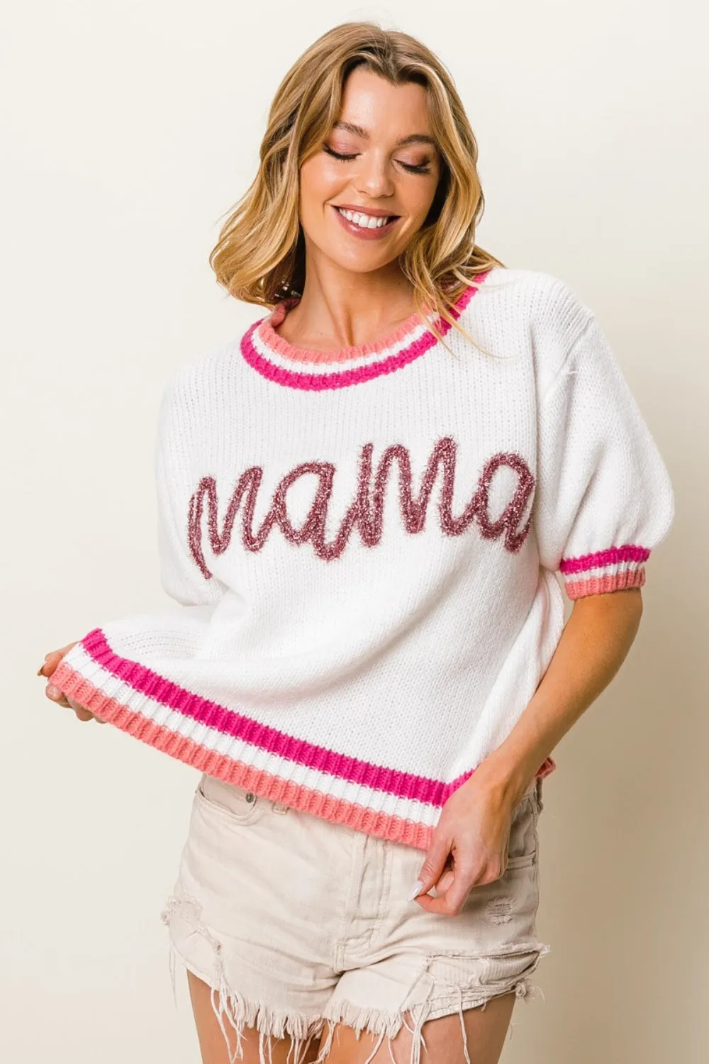 Blue Zone Planet |  BiBi MAMA Contrast Trim Short Sleeve Sweater