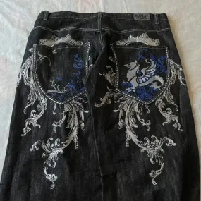 Bonnyshow -American Retro Jeans Y2K Big Pattern Trousers Loose Jeans Gothic High Waist Wide Pants Street Wear Trousers