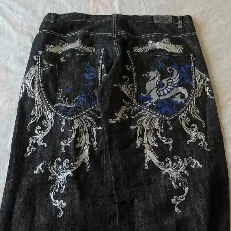 Bonnyshow -American Retro Jeans Y2K Big Pattern Trousers Loose Jeans Gothic High Waist Wide Pants Street Wear Trousers