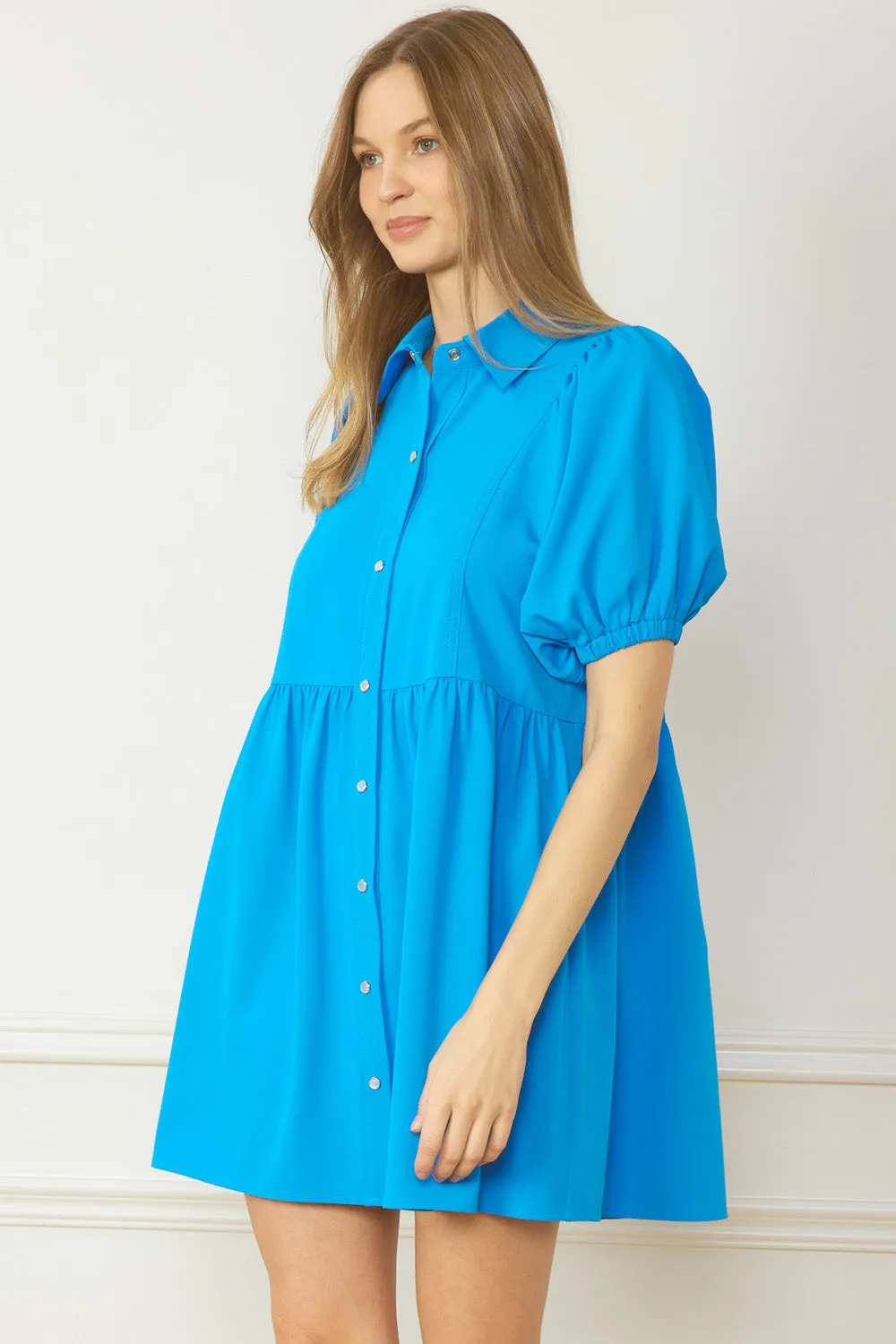 Bubble Sleeve Mini Dress, Blue