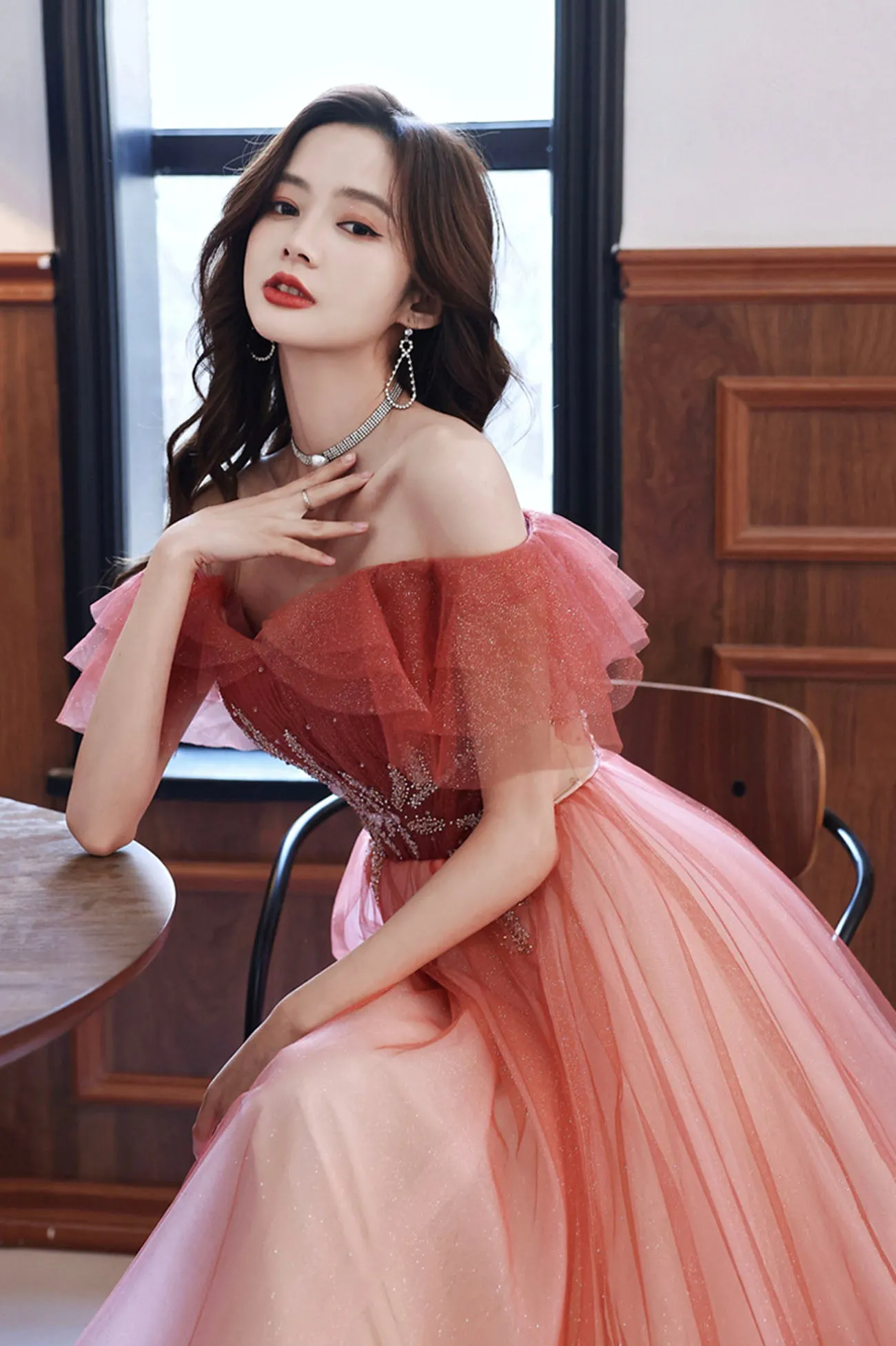 Burgundy Tulle Long A-Line Prom Dress, Off the Shoulder Graduation Dress
