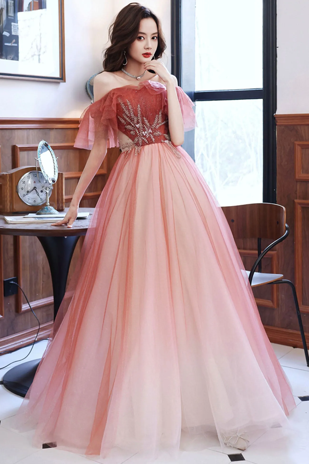 Burgundy Tulle Long A-Line Prom Dress, Off the Shoulder Graduation Dress
