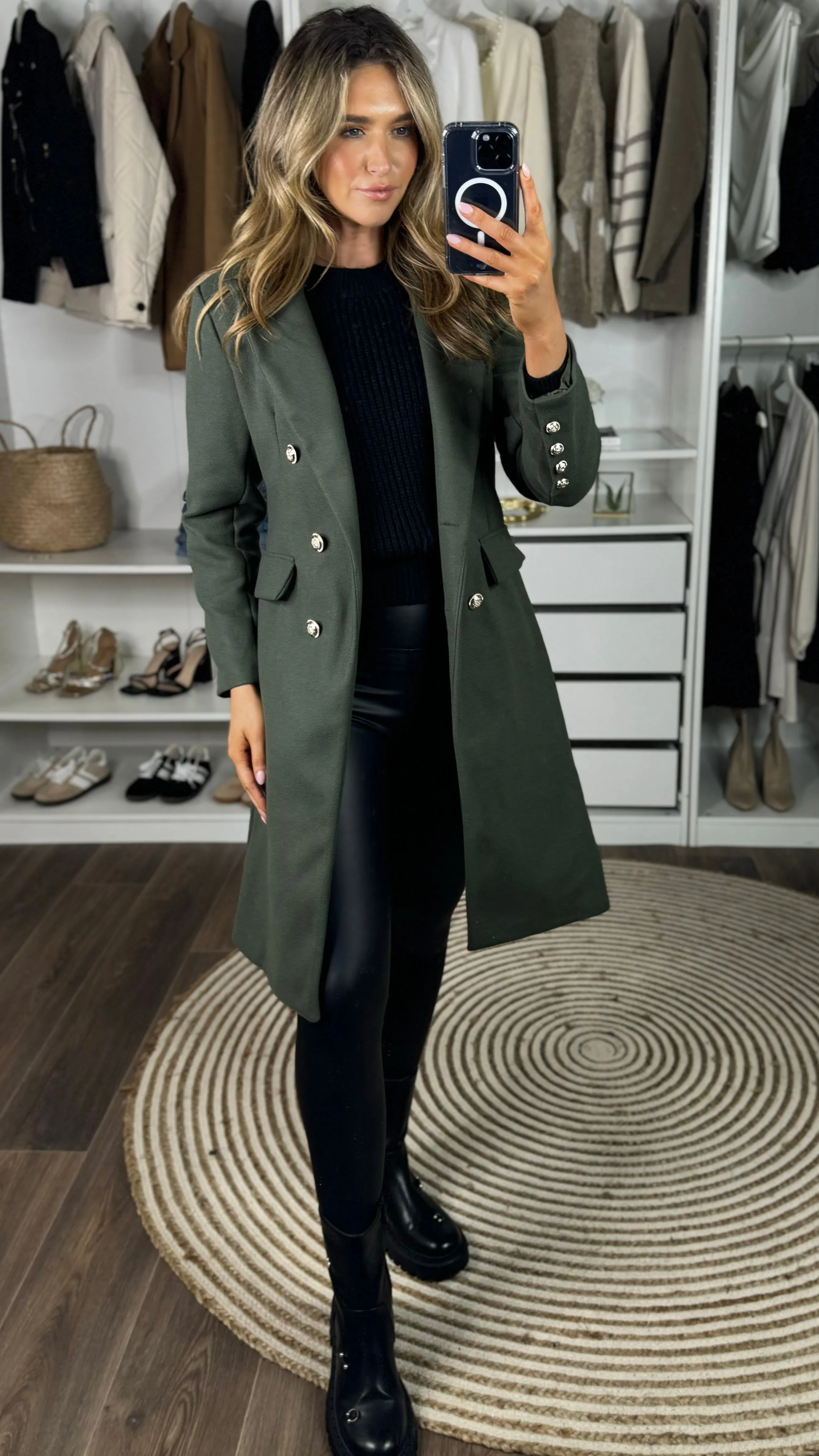Camilla Khaki Collared Gold Button Detail Coat