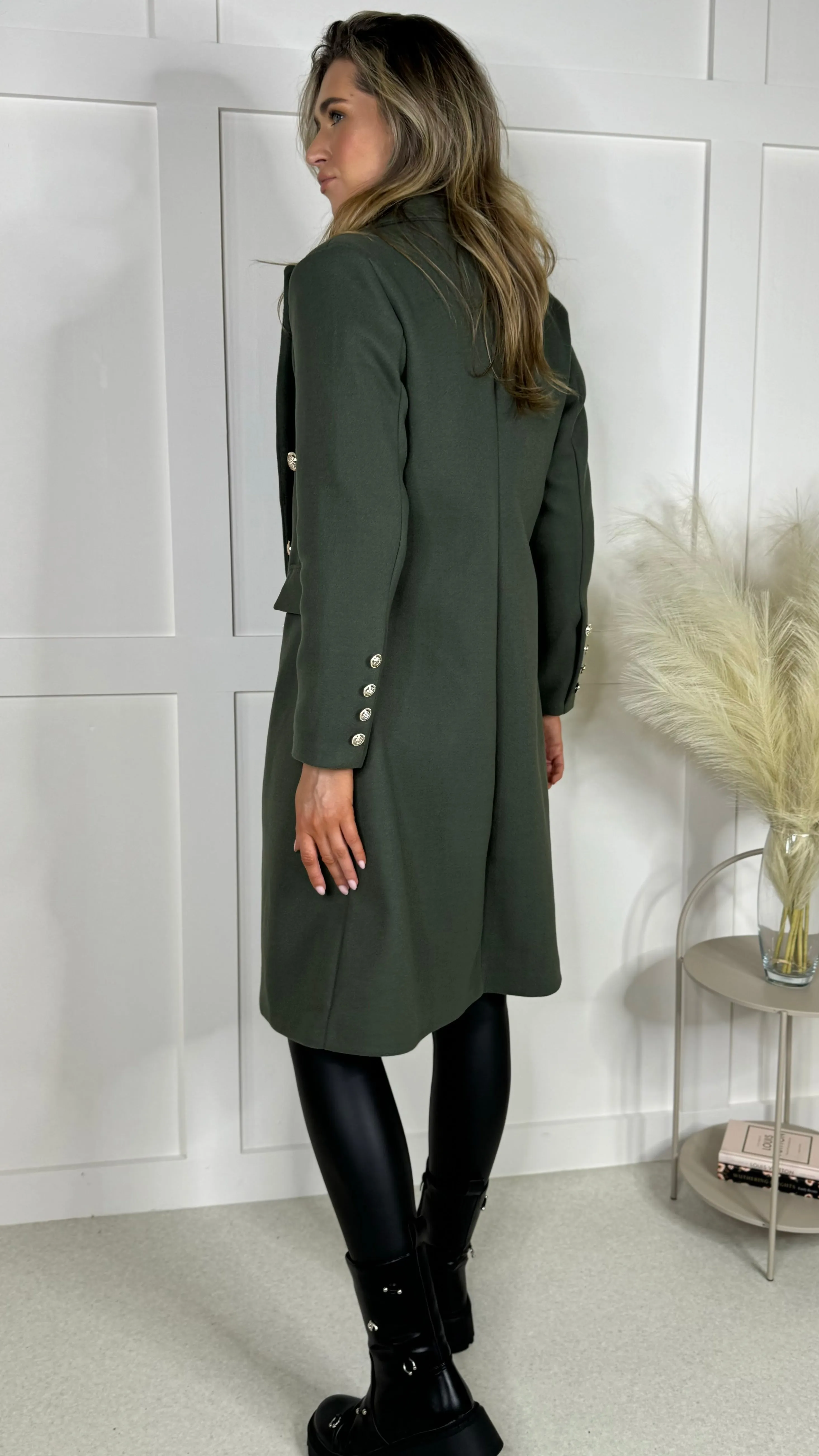 Camilla Khaki Collared Gold Button Detail Coat