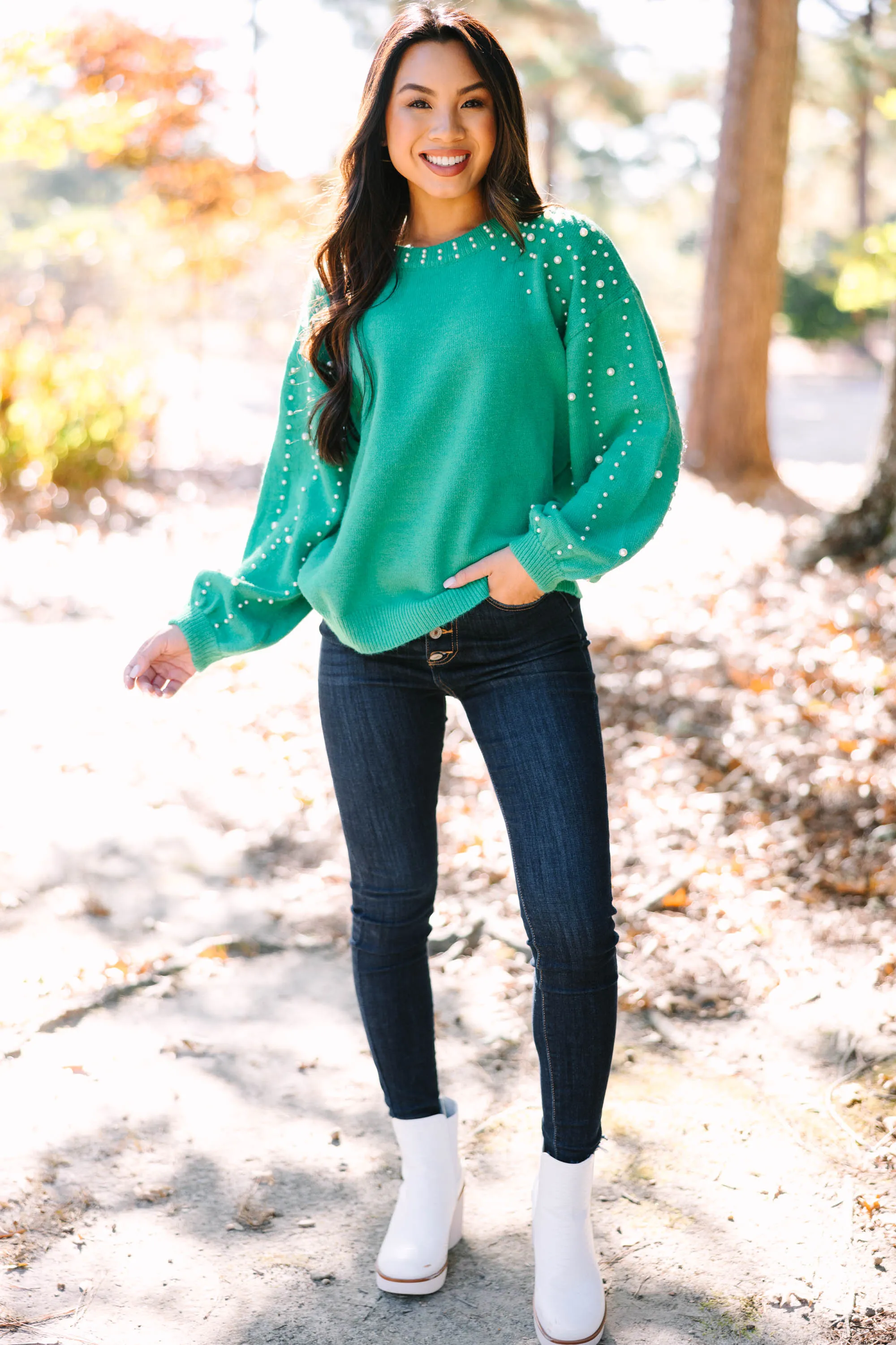 Can't Help But Love Green Pearl Studded Sweater