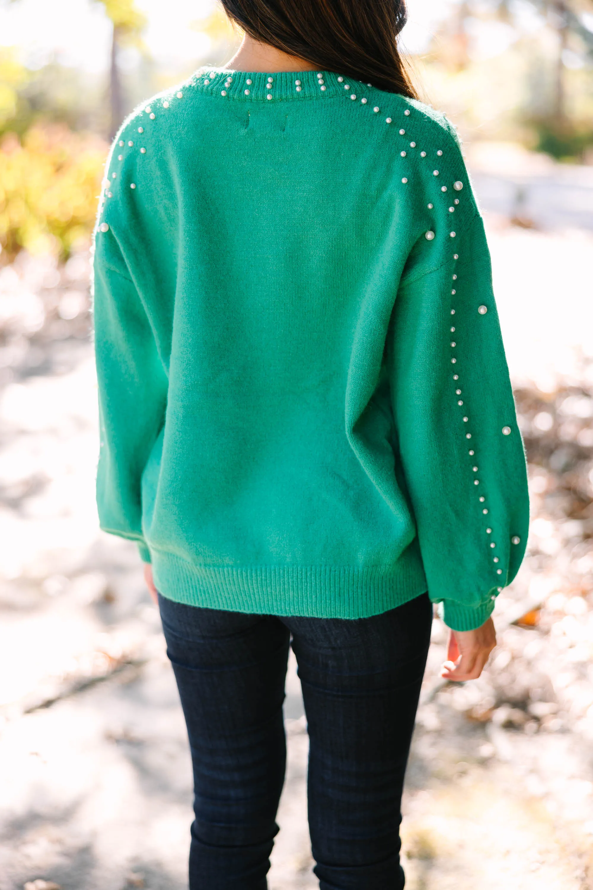 Can't Help But Love Green Pearl Studded Sweater