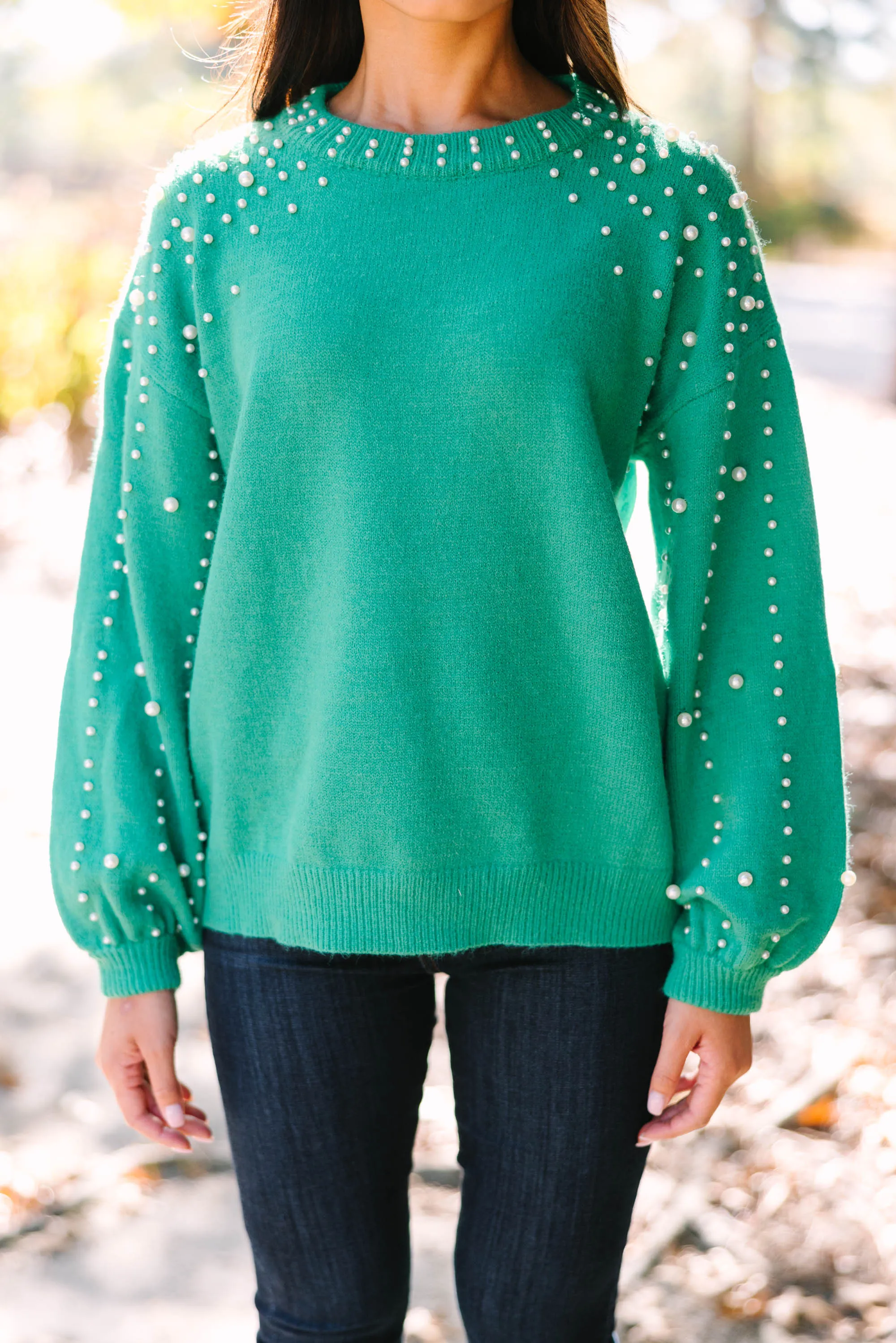 Can't Help But Love Green Pearl Studded Sweater