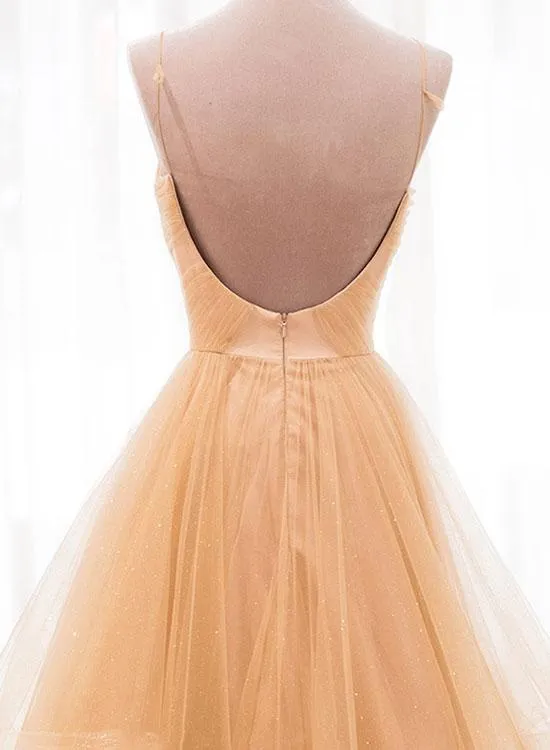 Champagne Spaghetti Strap V-Neck Tulle Long Prom Dress, A-Line Backless Evening Party Dress