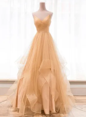 Champagne Spaghetti Strap V-Neck Tulle Long Prom Dress, A-Line Backless Evening Party Dress