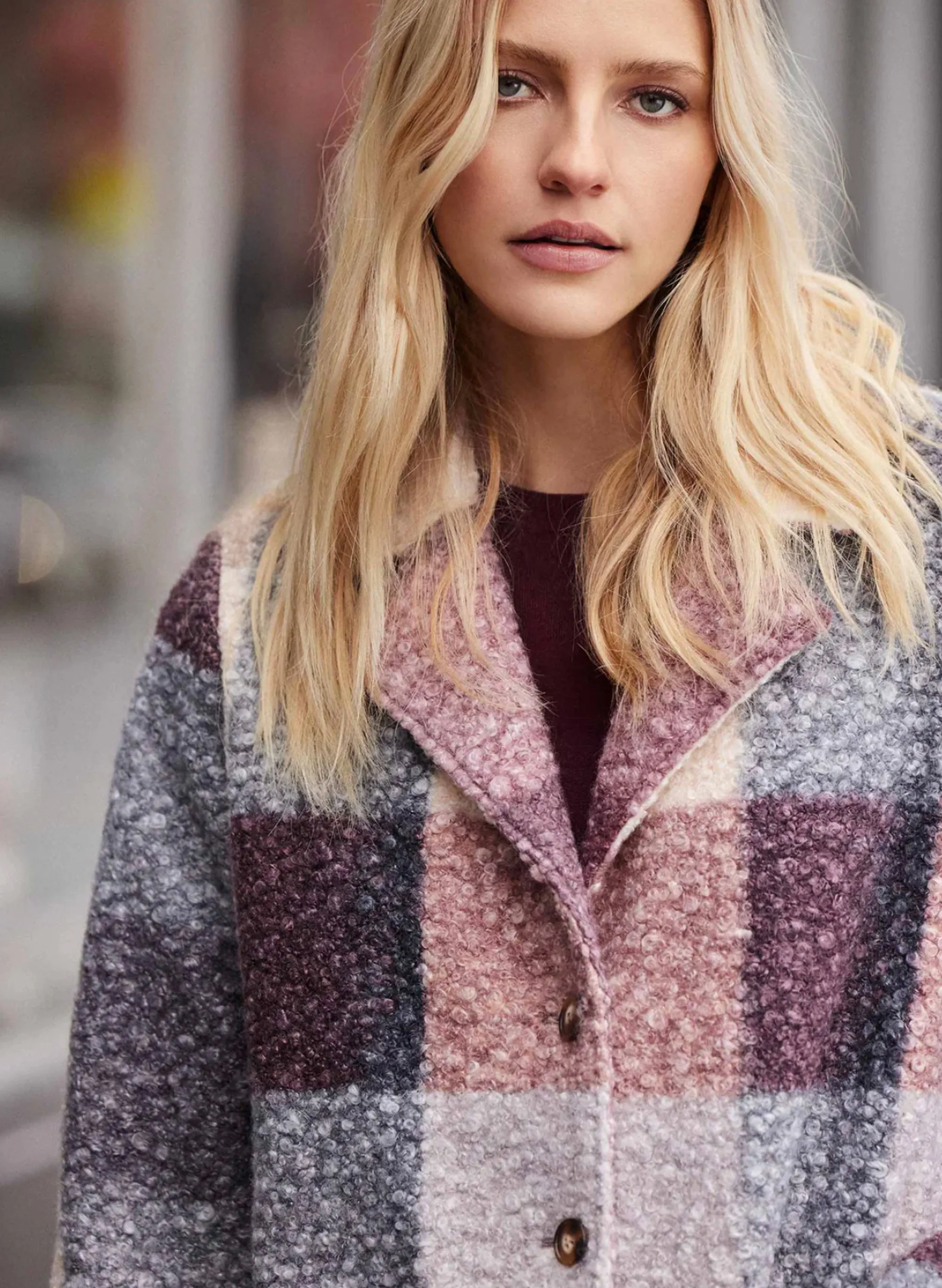 Charlie B - Boucle Knit Tailored Collar Coat - Plum