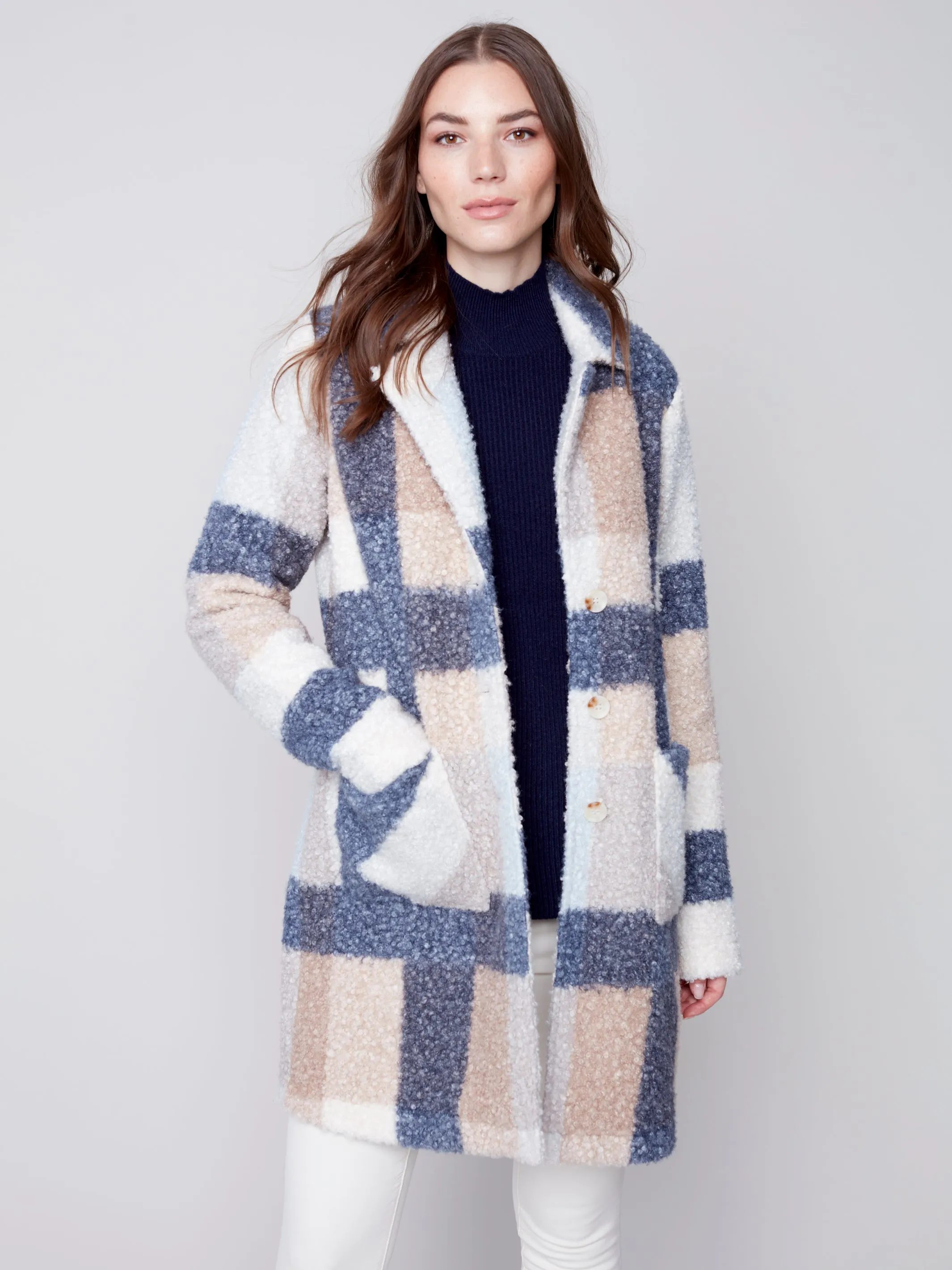 Charlie B - Boucle Knit Tailored Collar Coat - Snowflake