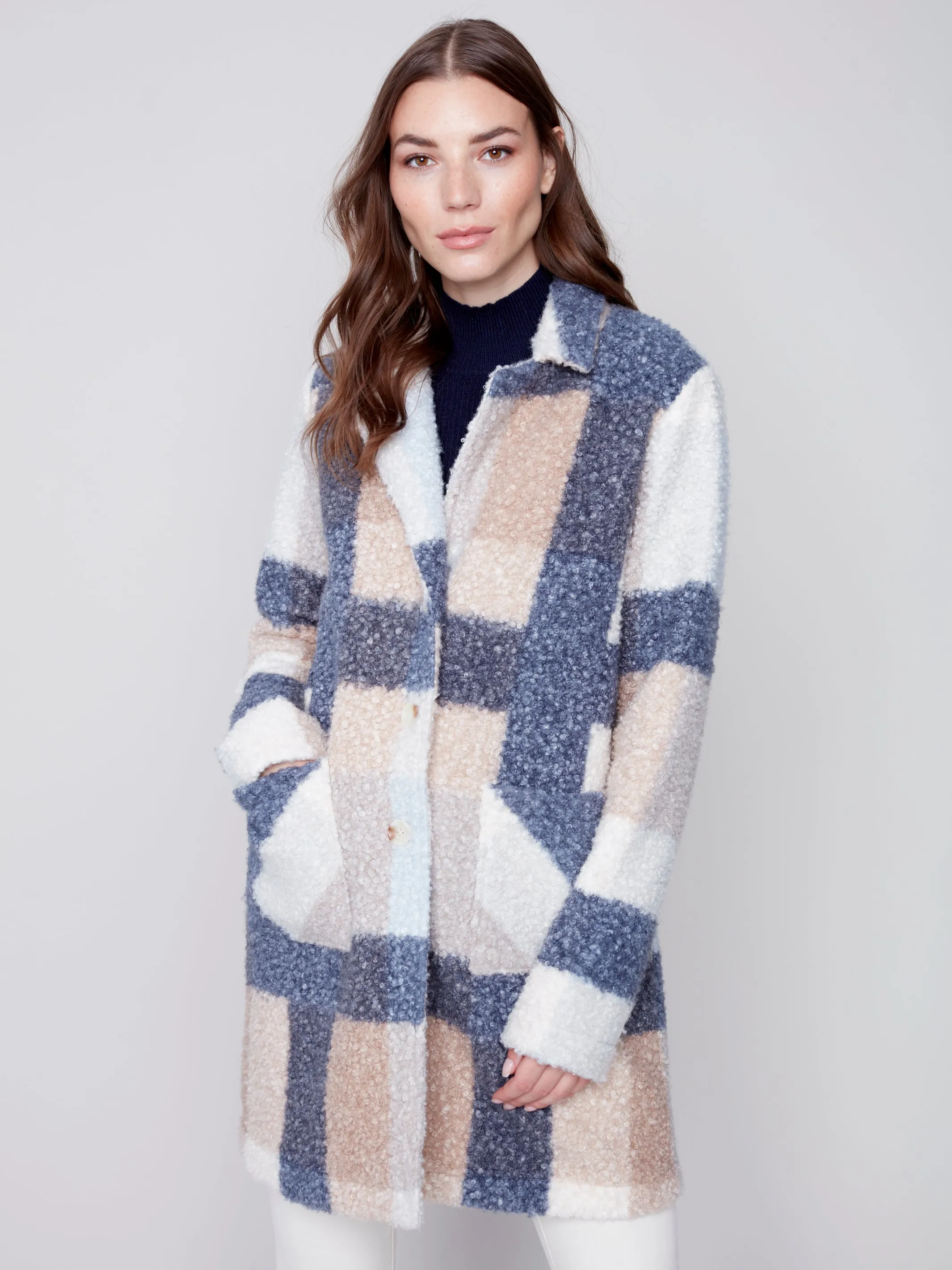 Charlie B - Boucle Knit Tailored Collar Coat - Snowflake