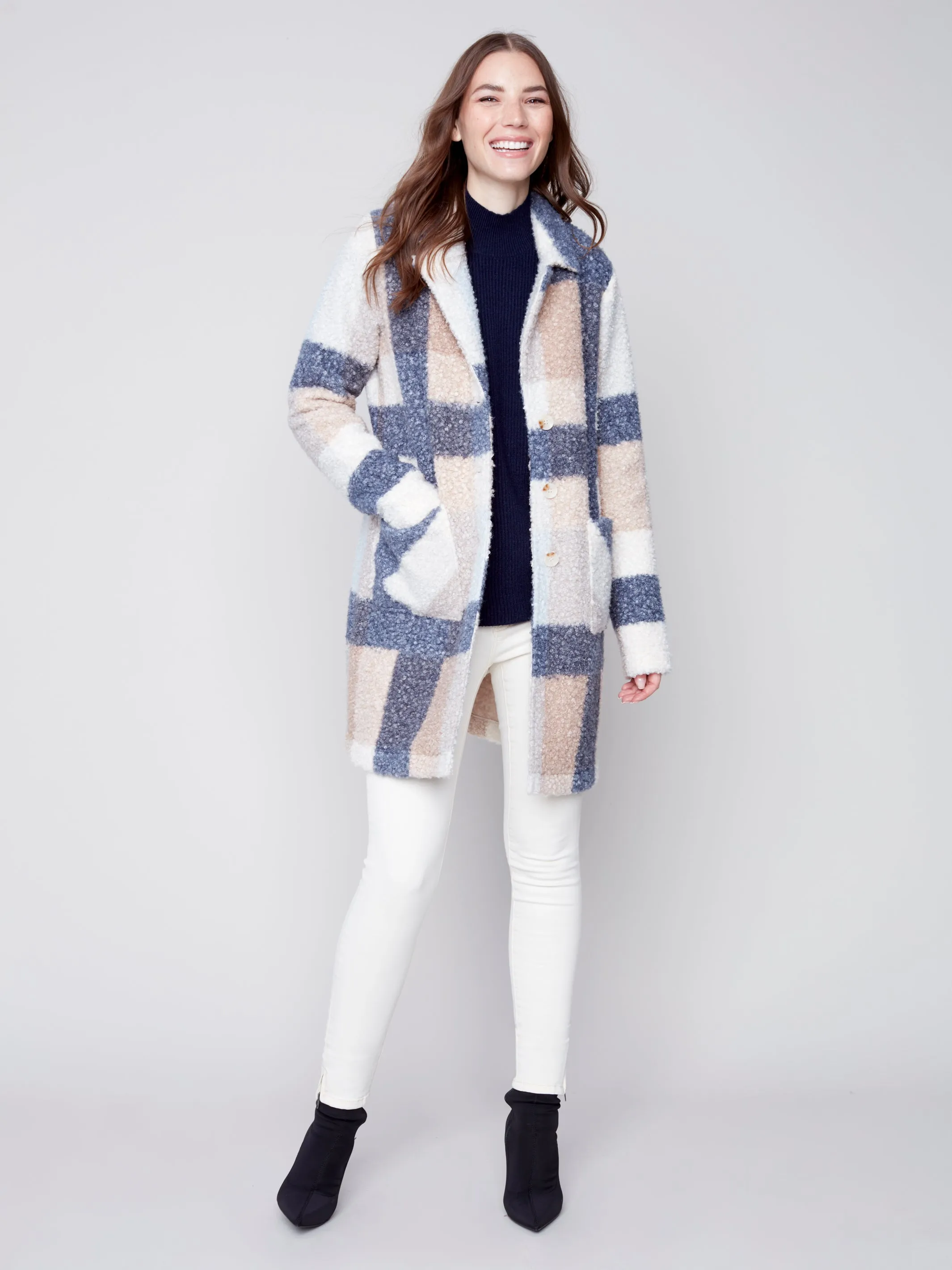 Charlie B - Boucle Knit Tailored Collar Coat - Snowflake