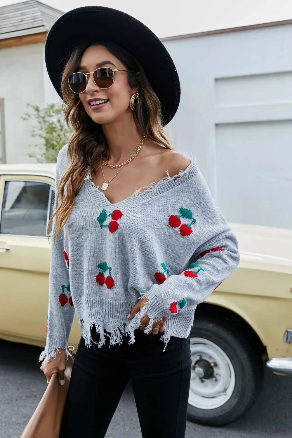 Cherry Crop Top Long Sleeve Raw Hem Knit Pullover Sweater (3 colors available)
