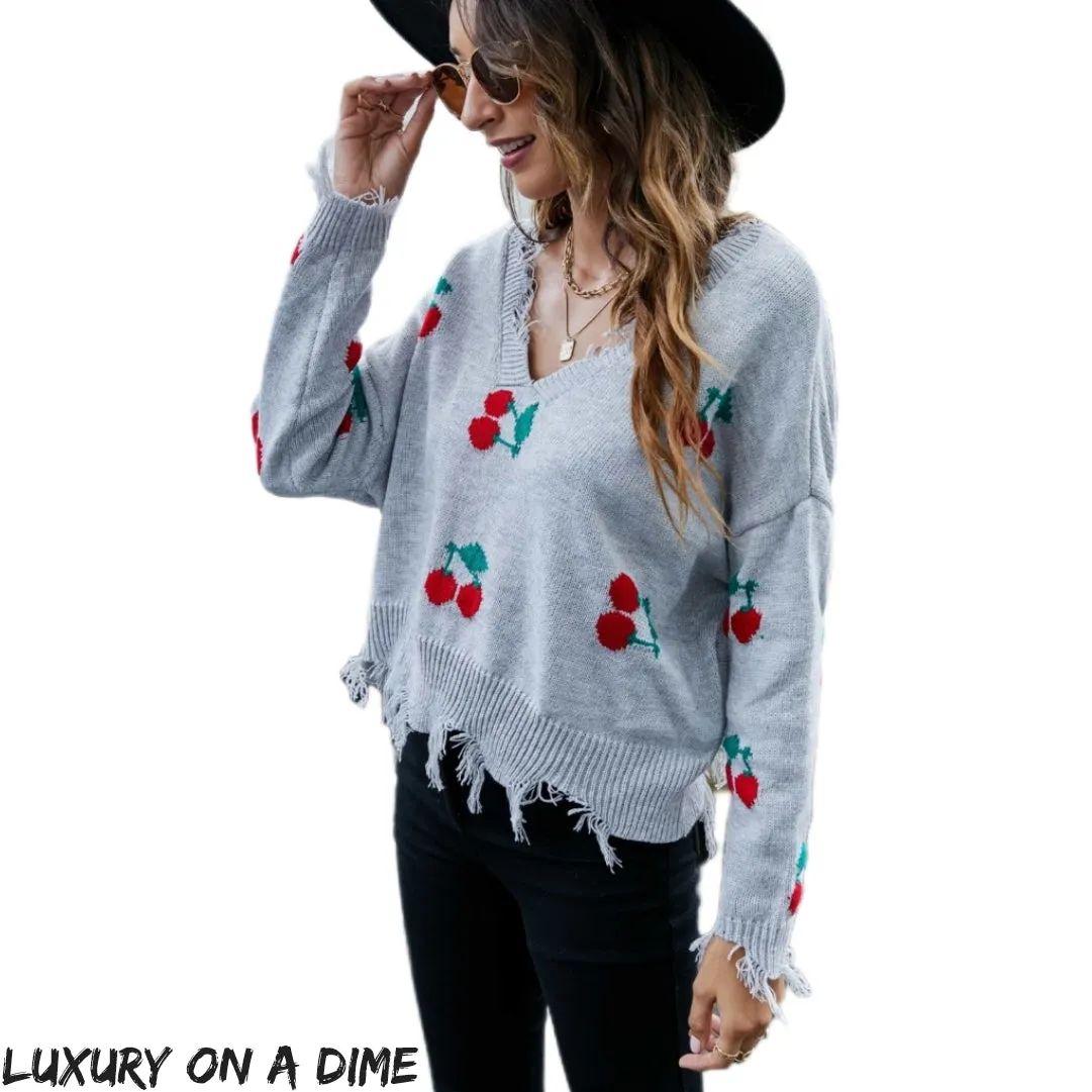 Cherry Crop Top Long Sleeve Raw Hem Knit Pullover Sweater (3 colors available)