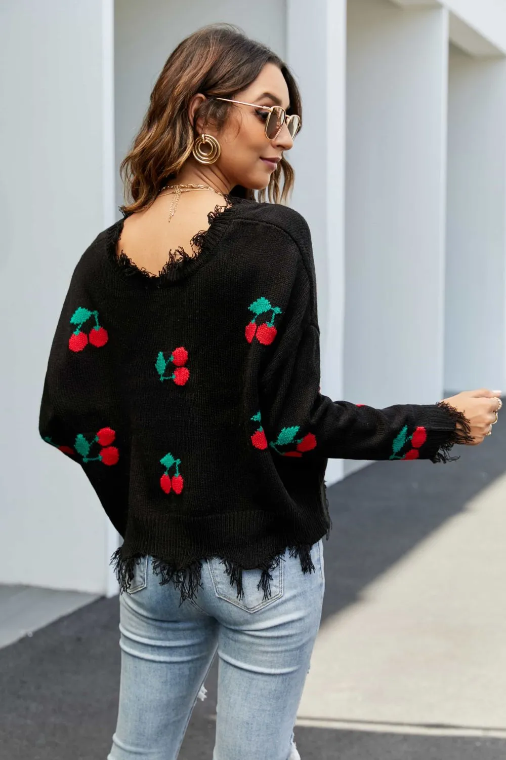 Cherry Crop Top Long Sleeve Raw Hem Knit Pullover Sweater (3 colors available)