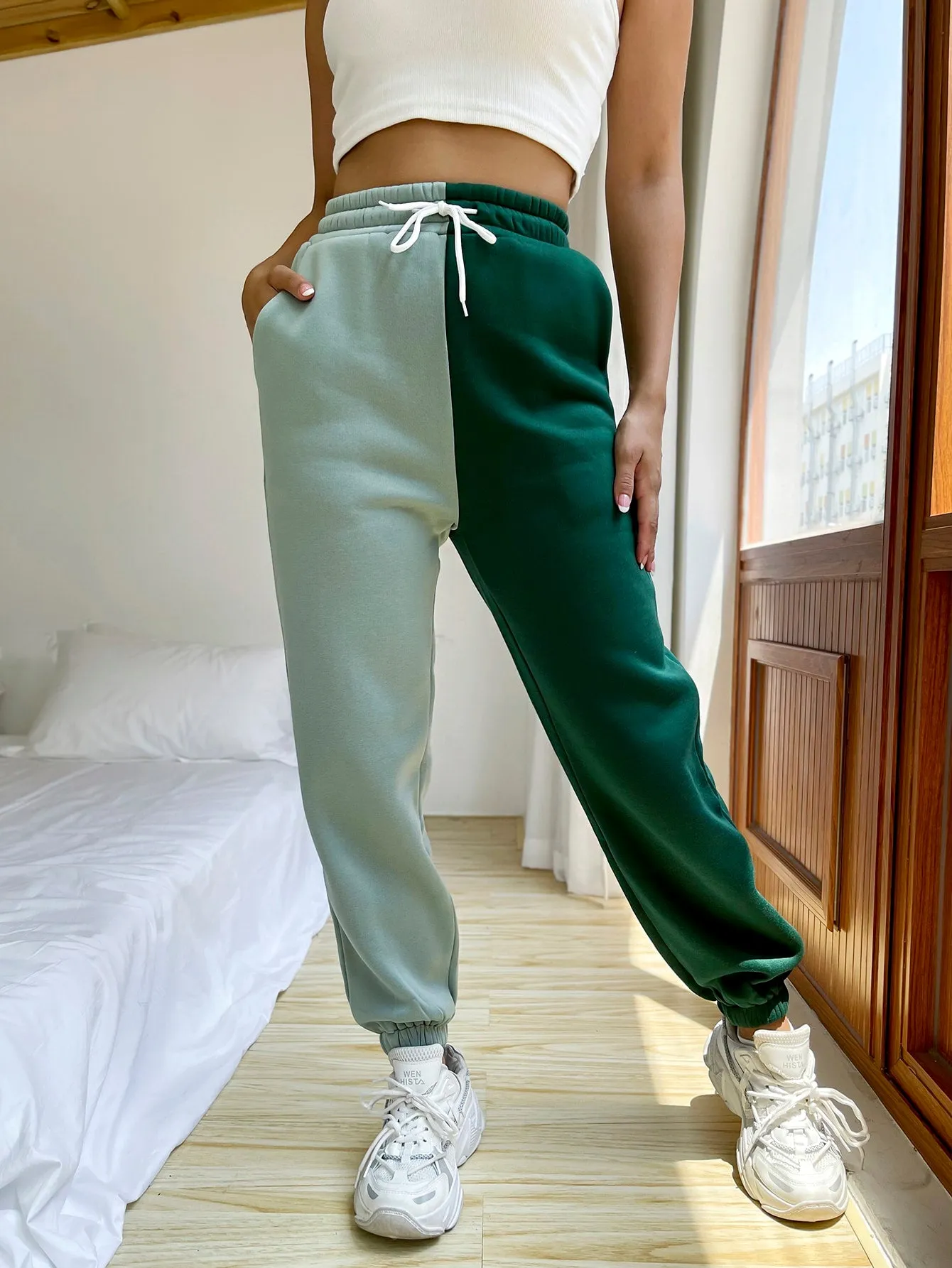 Colorblock Drawstring High Waist Long Women Sweatpants