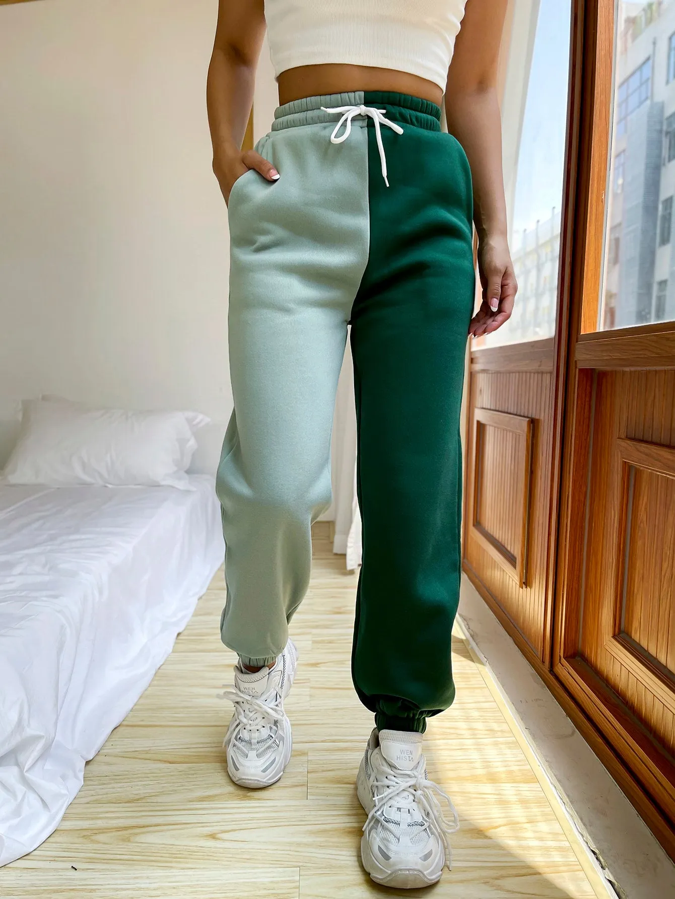 Colorblock Drawstring High Waist Long Women Sweatpants